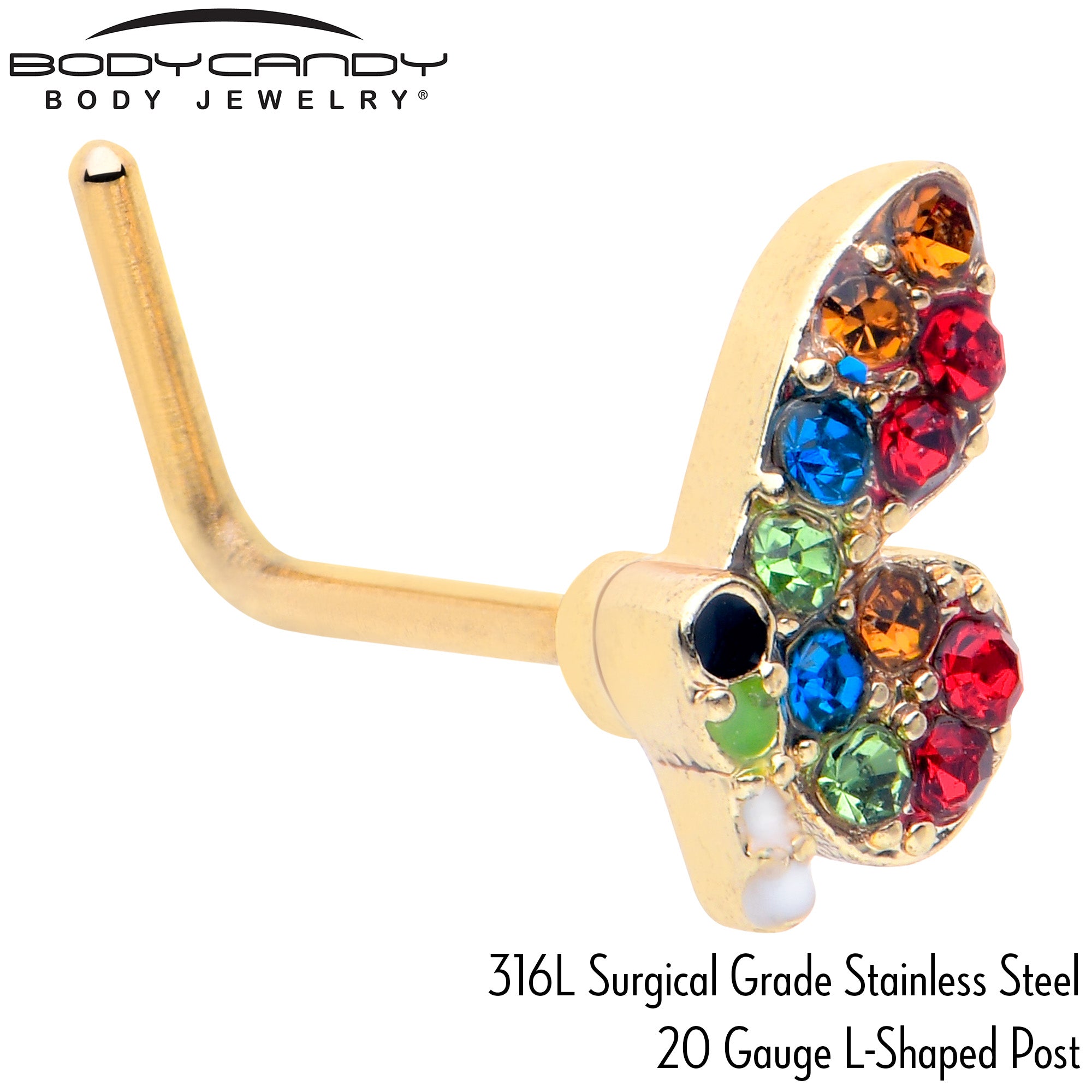 20 Gauge 7mm Red Blue Gem Gold Tone Butterfly L Shape Nose Ring