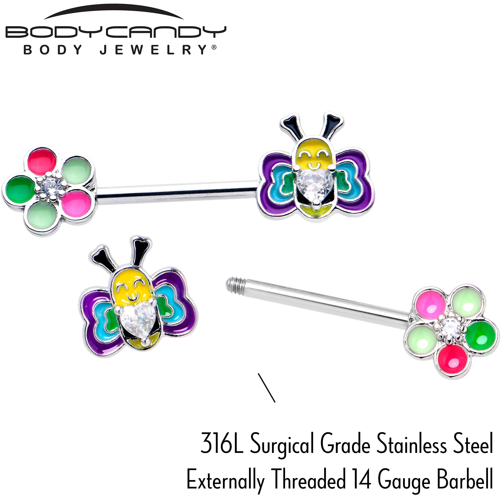 14 Gauge 9/16 Clear CZ Gem Butterfly Love Bug Barbell Nipple Ring Set