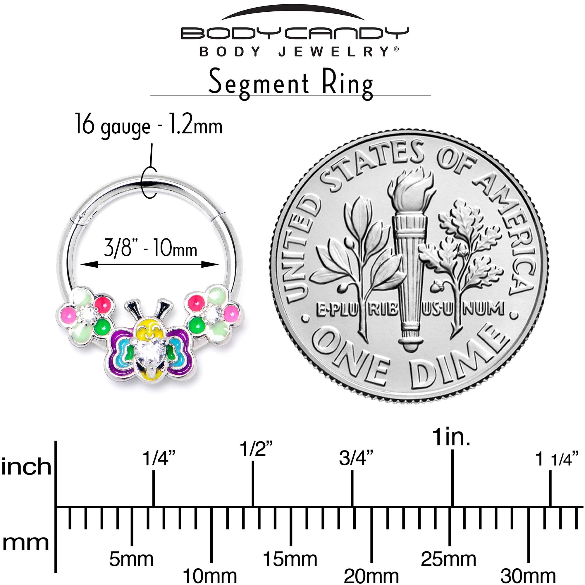 16 Gauge 3/8 Clear CZ Gem Butterfly Love Bug Hinged Segment Ring