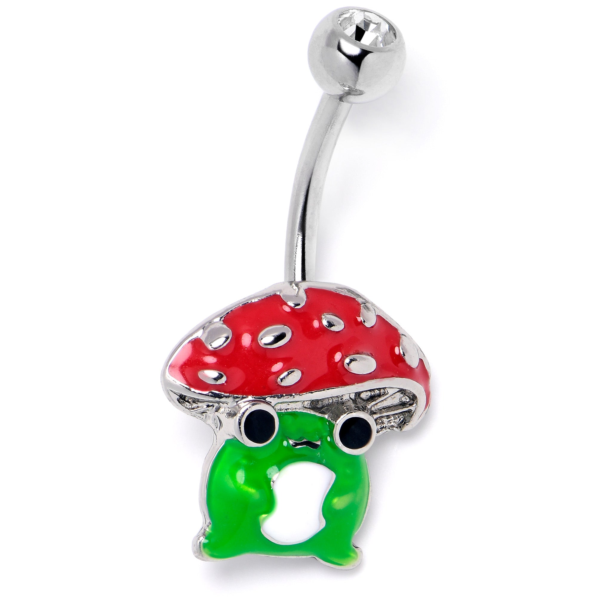 Clear Gem Happy Mushroom Red Green Belly Ring