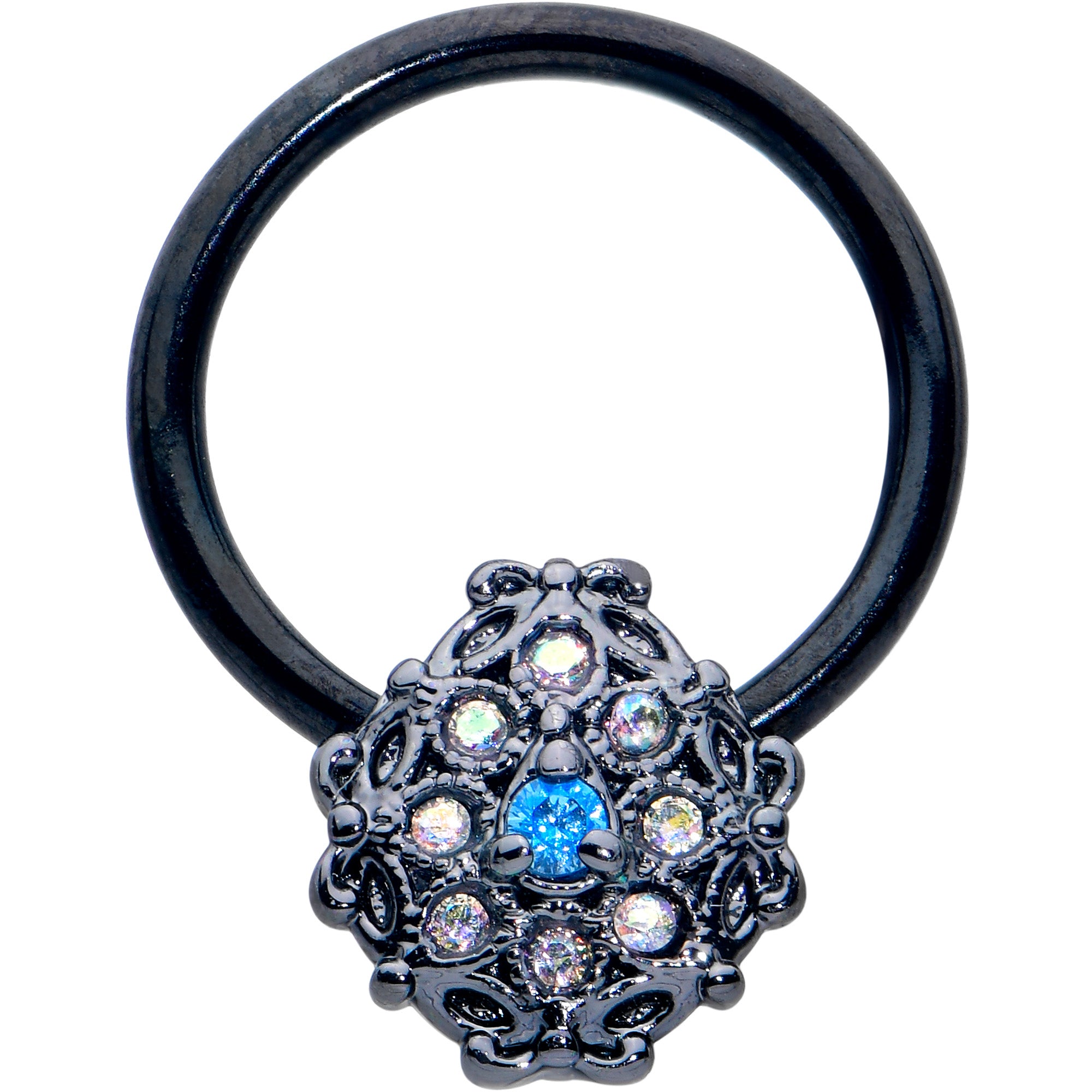 16 Gauge 3/8 Blue Aurora Gem Black Night Blossom BCR Captive Ring