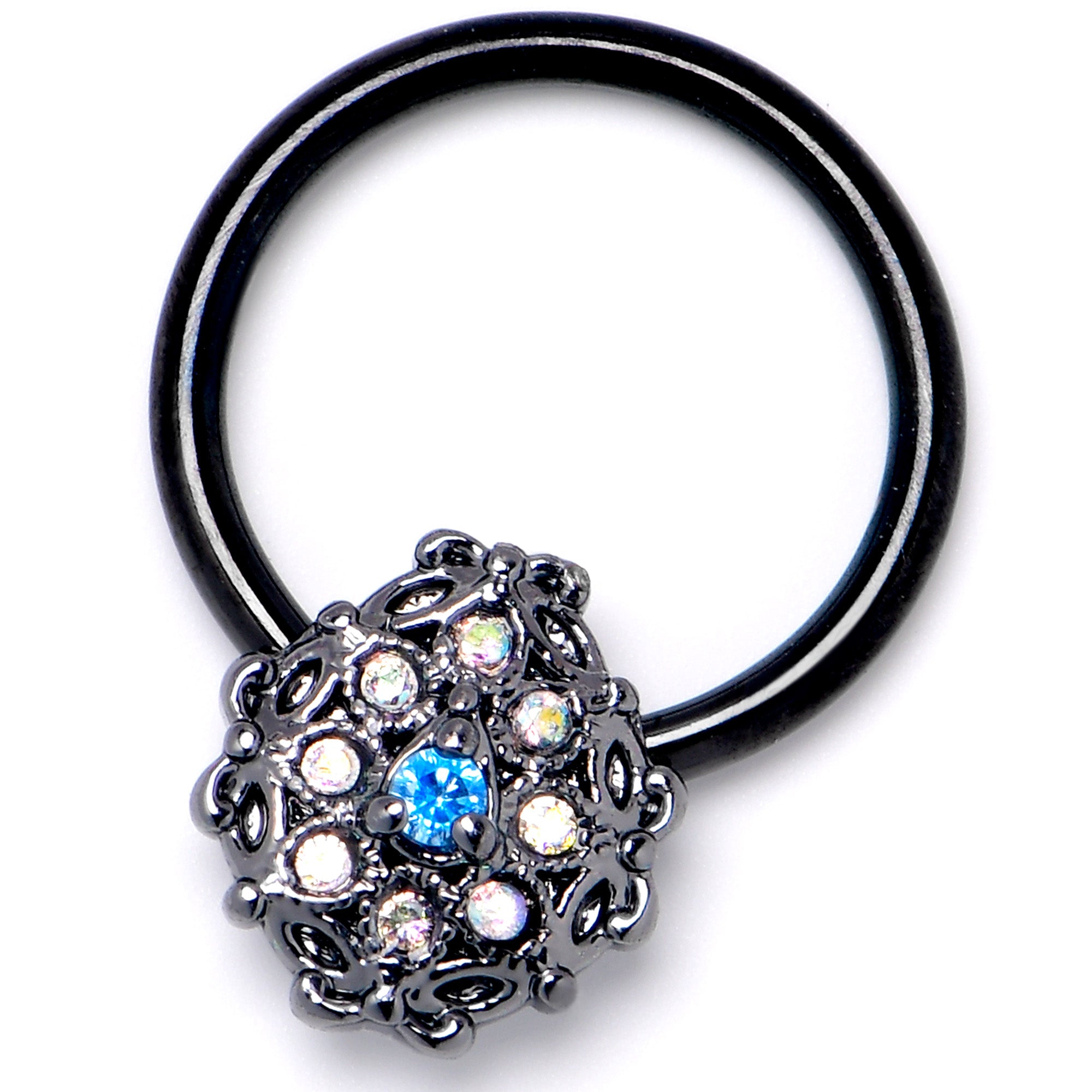 16 Gauge 3/8 Blue Aurora Gem Black Night Blossom BCR Captive Ring