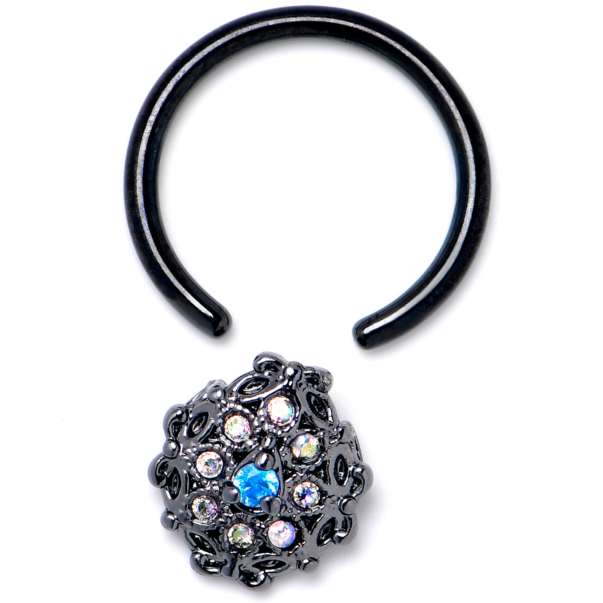 16 Gauge 3/8 Blue Aurora Gem Black Night Blossom BCR Captive Ring