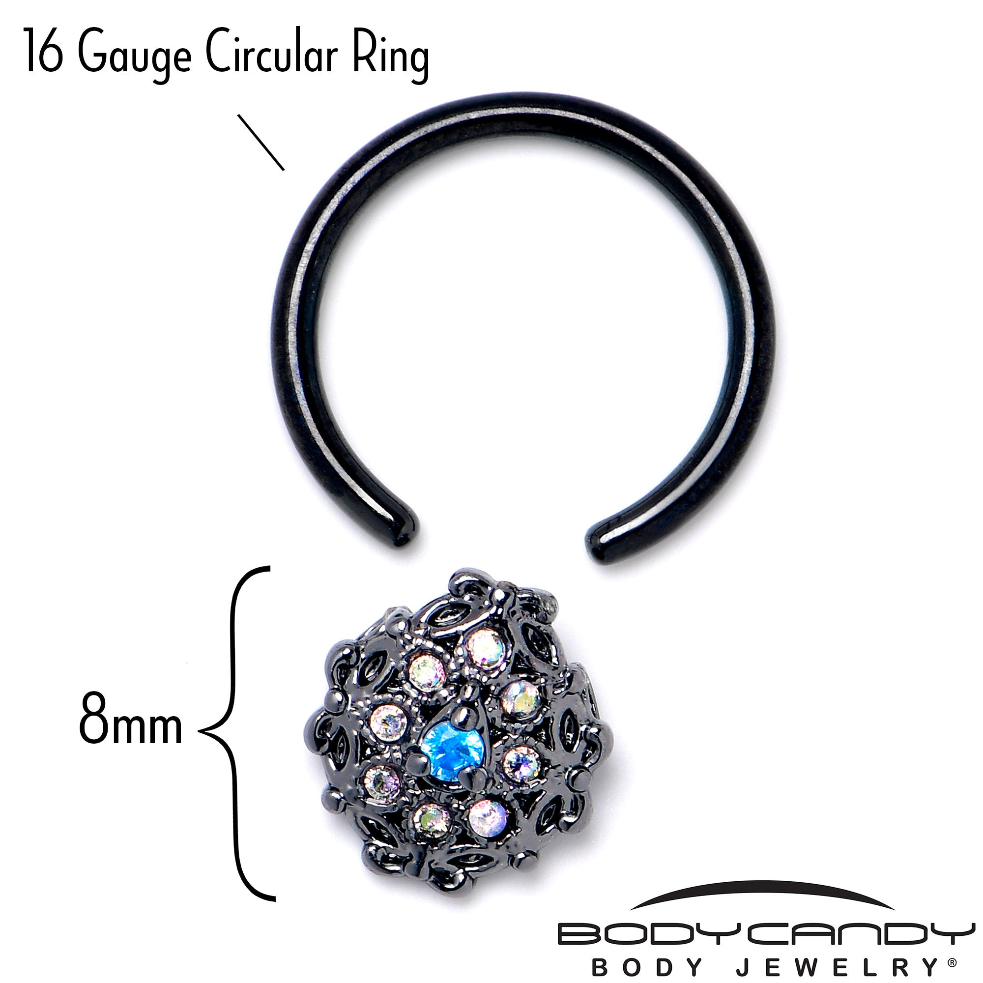 16 Gauge 3/8 Blue Aurora Gem Black Night Blossom BCR Captive Ring