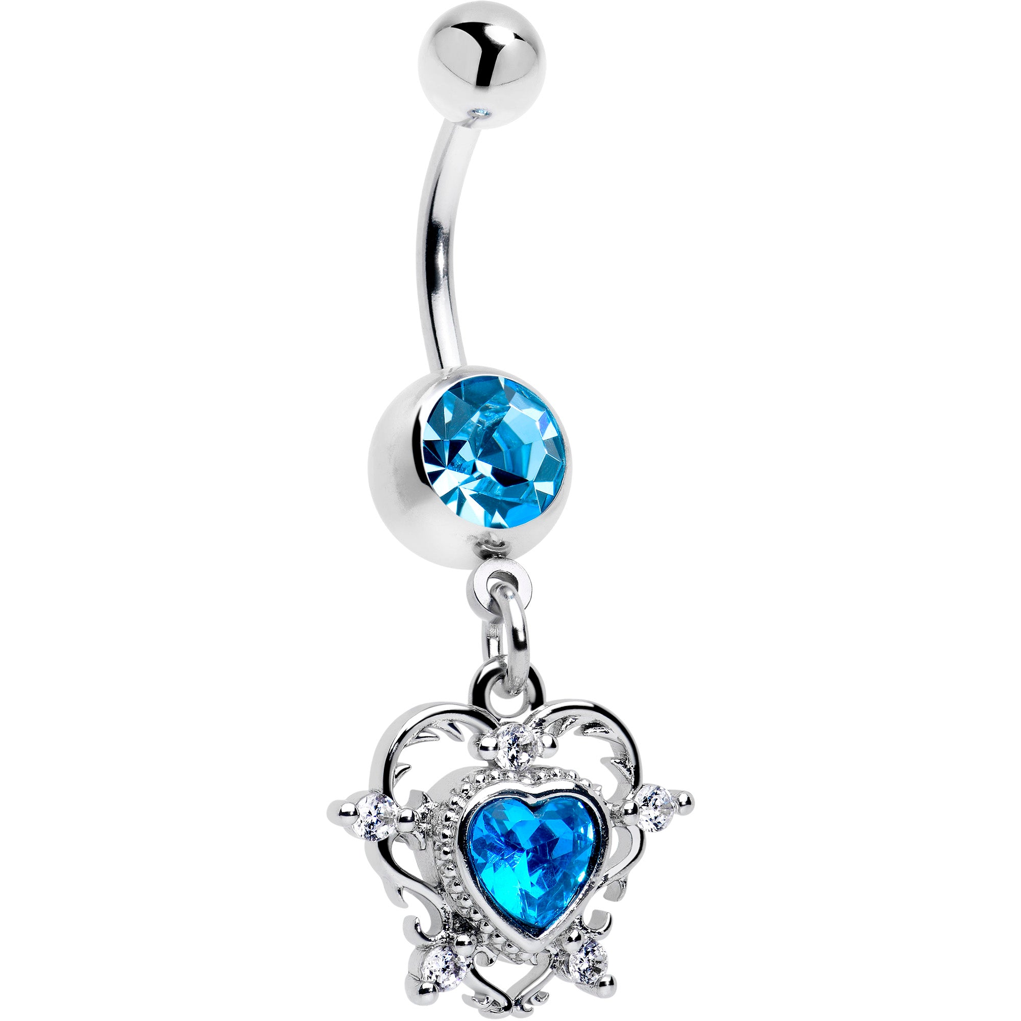 Blue CZ Gem Heart Dangle Belly Ring