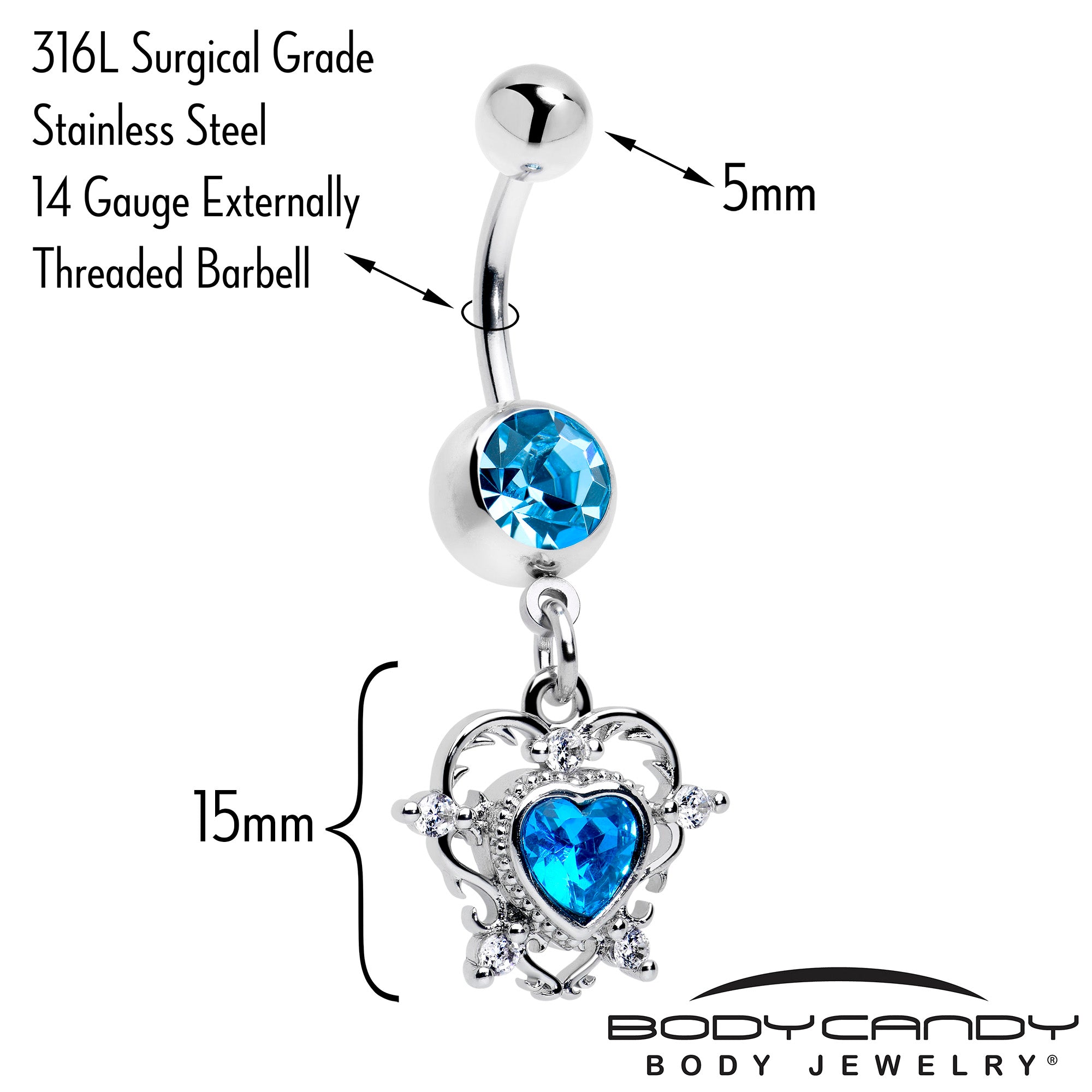 Heart Shaped Blue CZ Gem Belly Ring