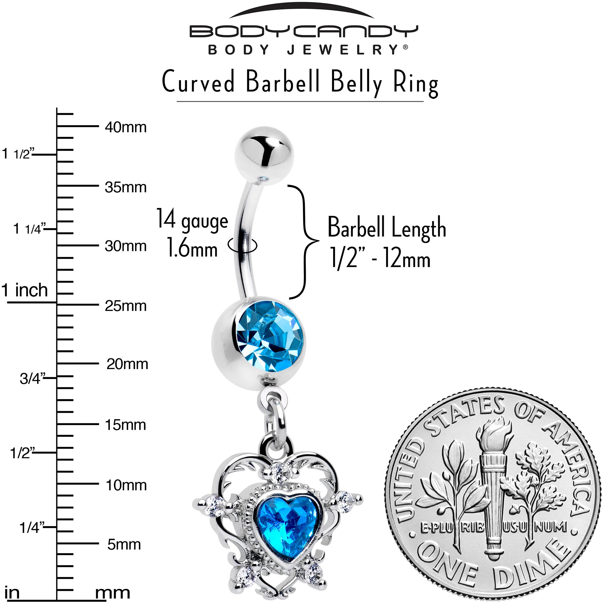 Blue CZ Gem Heart Belly Ring Dangle Pair