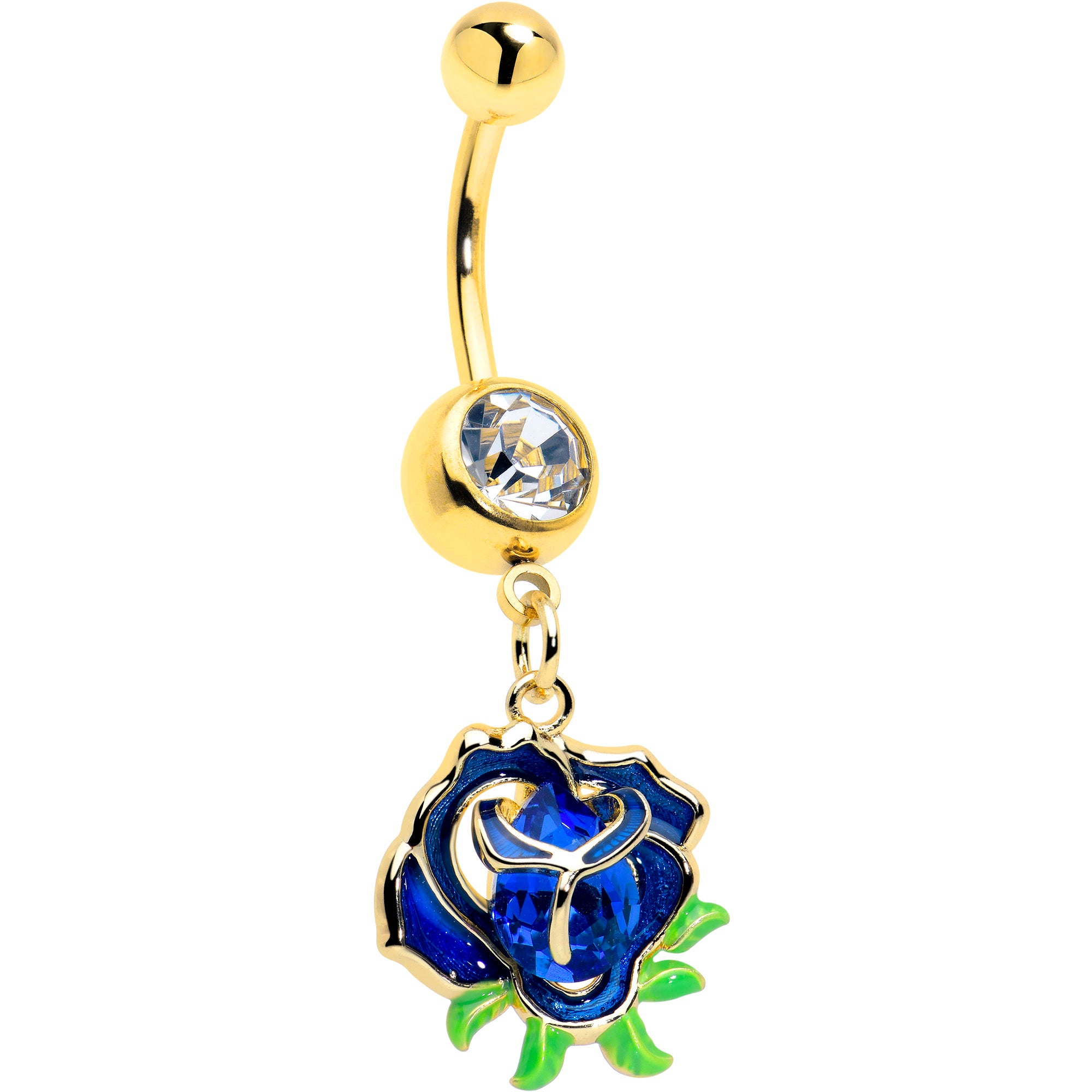 Blue Gem Gold Tone Deep Blue Flower Dangle Belly Ring