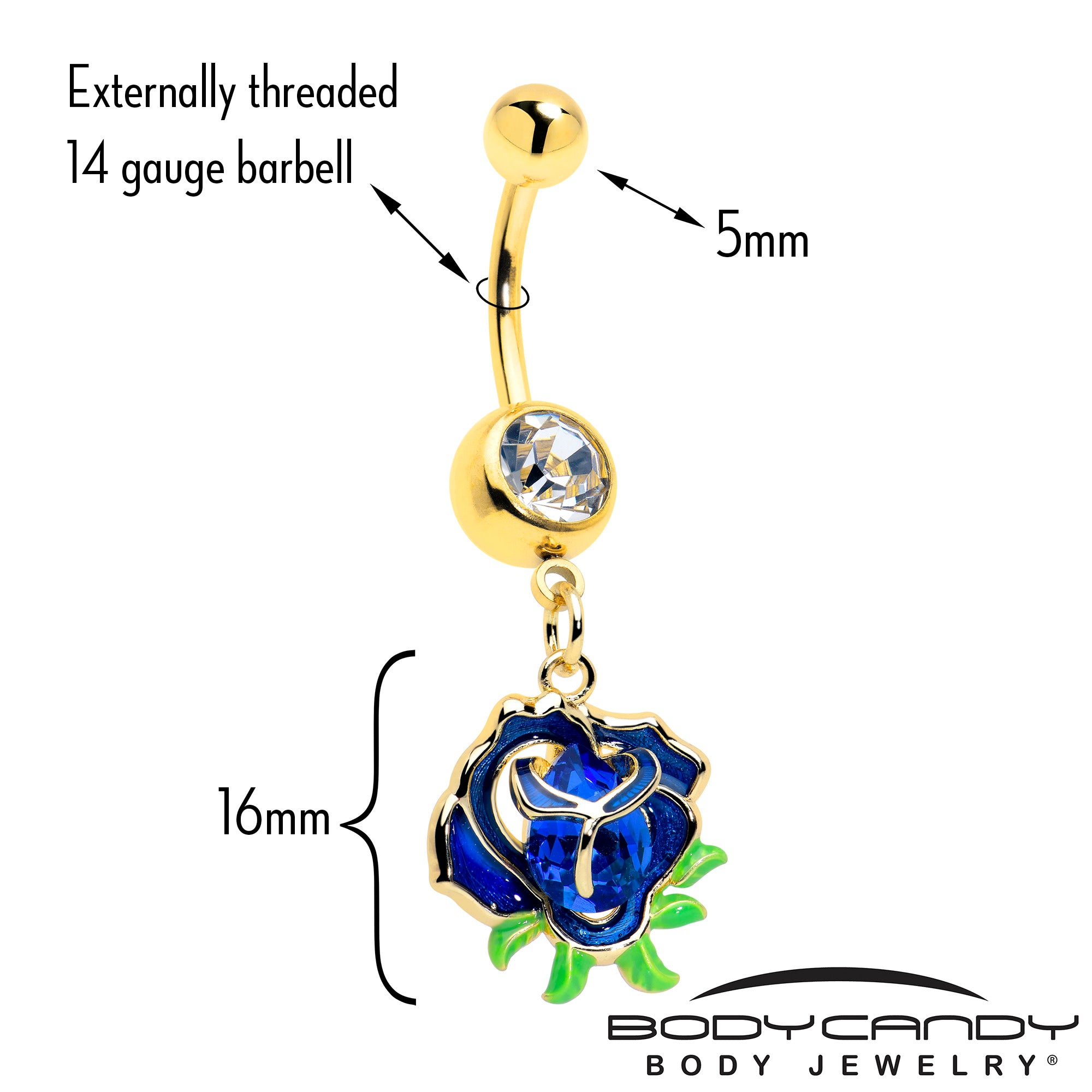 Gold Tone Deep Blue Flower Belly Ring with Blue Gem