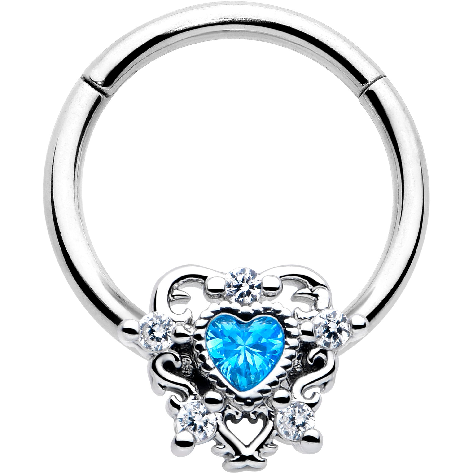 16 Gauge 3/8 Blue Clear CZ Gem Heart Hinged Segment Ring