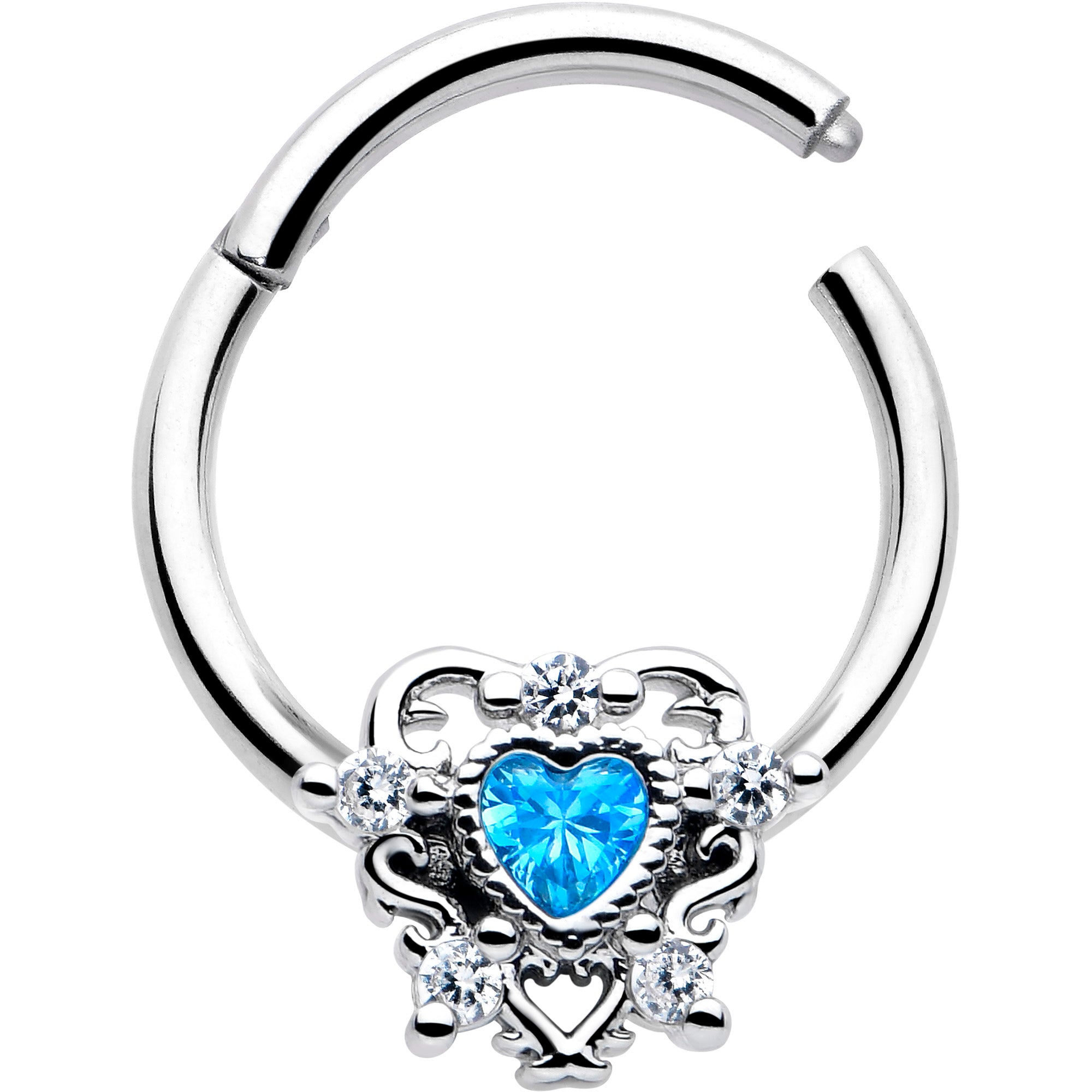 16 Gauge 3/8 Blue CZ Gem Heart Pair Hinged Segment Ring