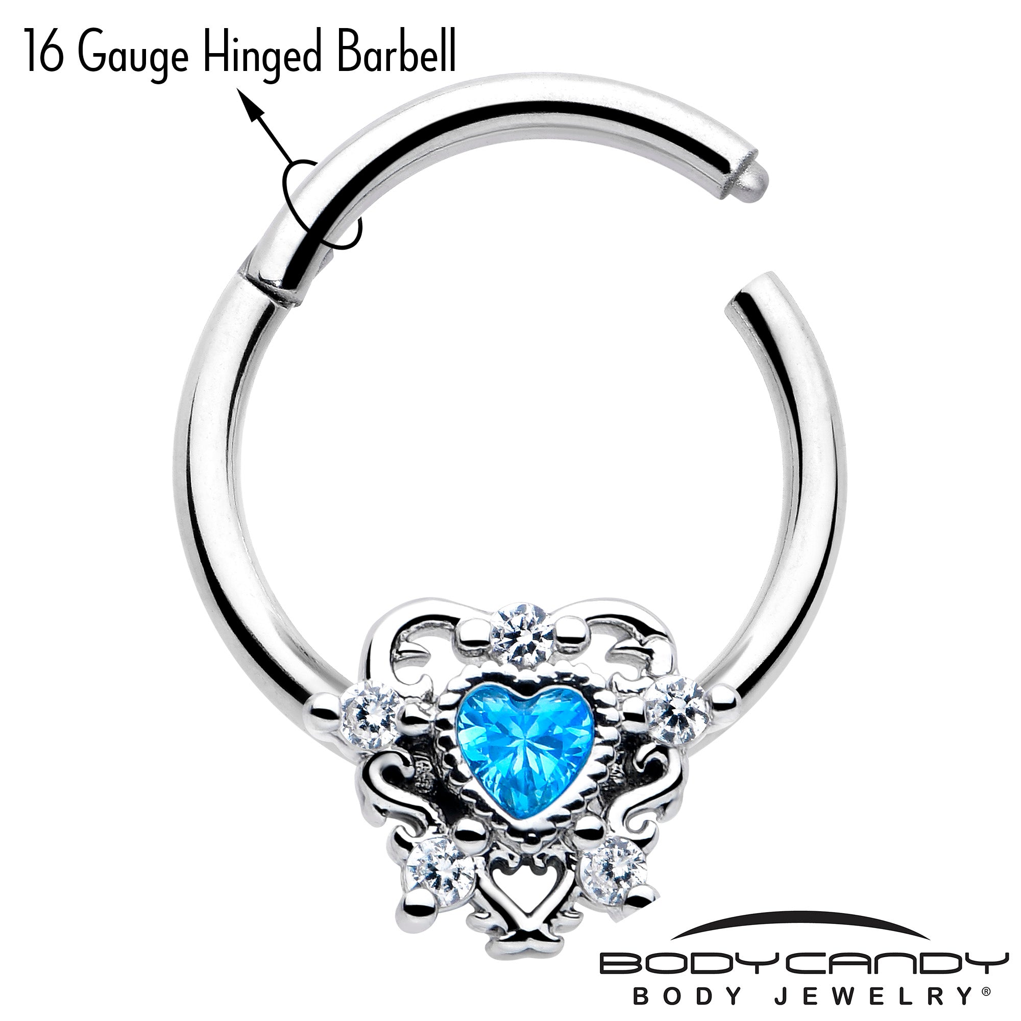 3/8 Blue Clear CZ Heart Hinged Segment Ring 16 Gauge