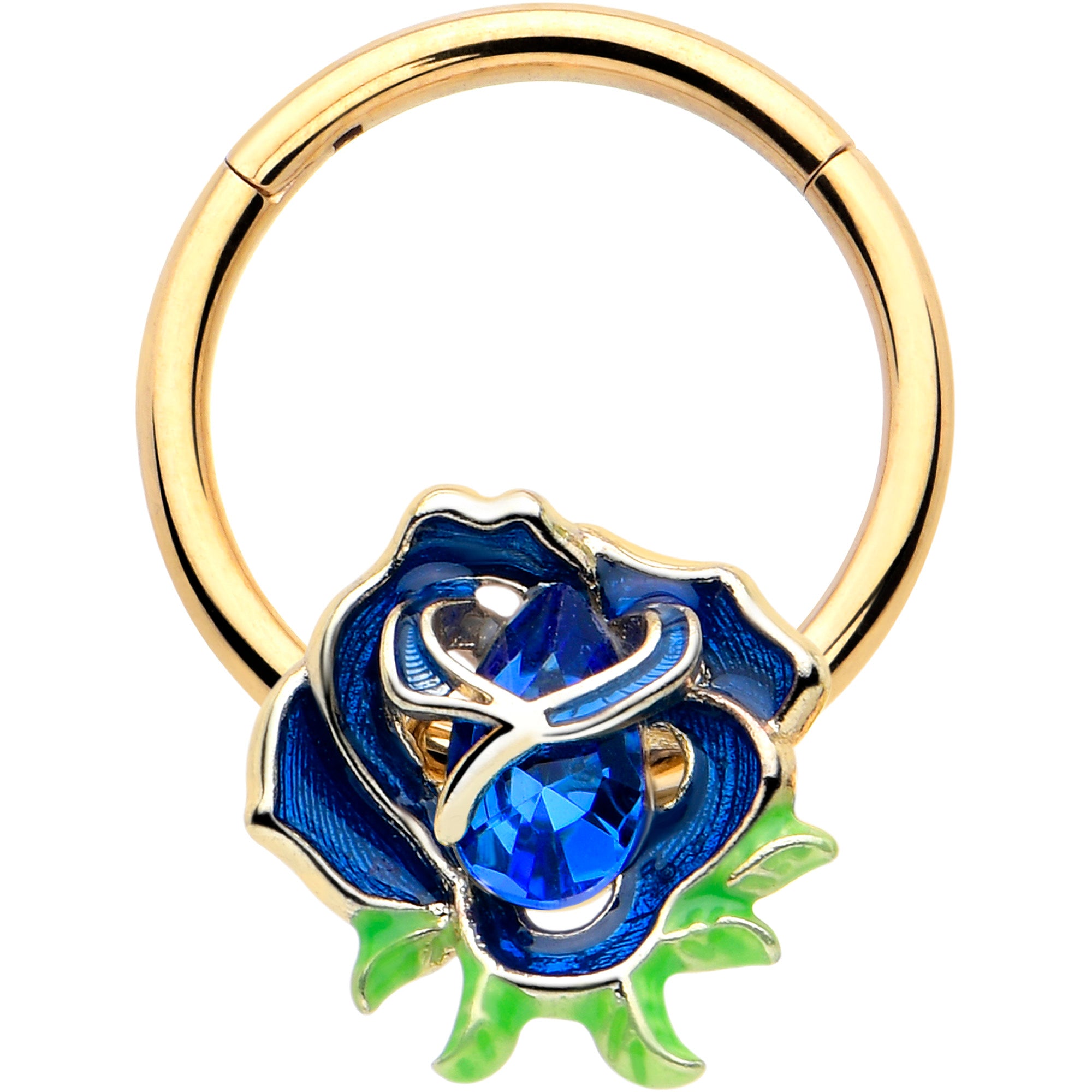 16 Gauge 3/8 Blue Gem Gold Tone Deep Blue Flower Hinged Segment Ring