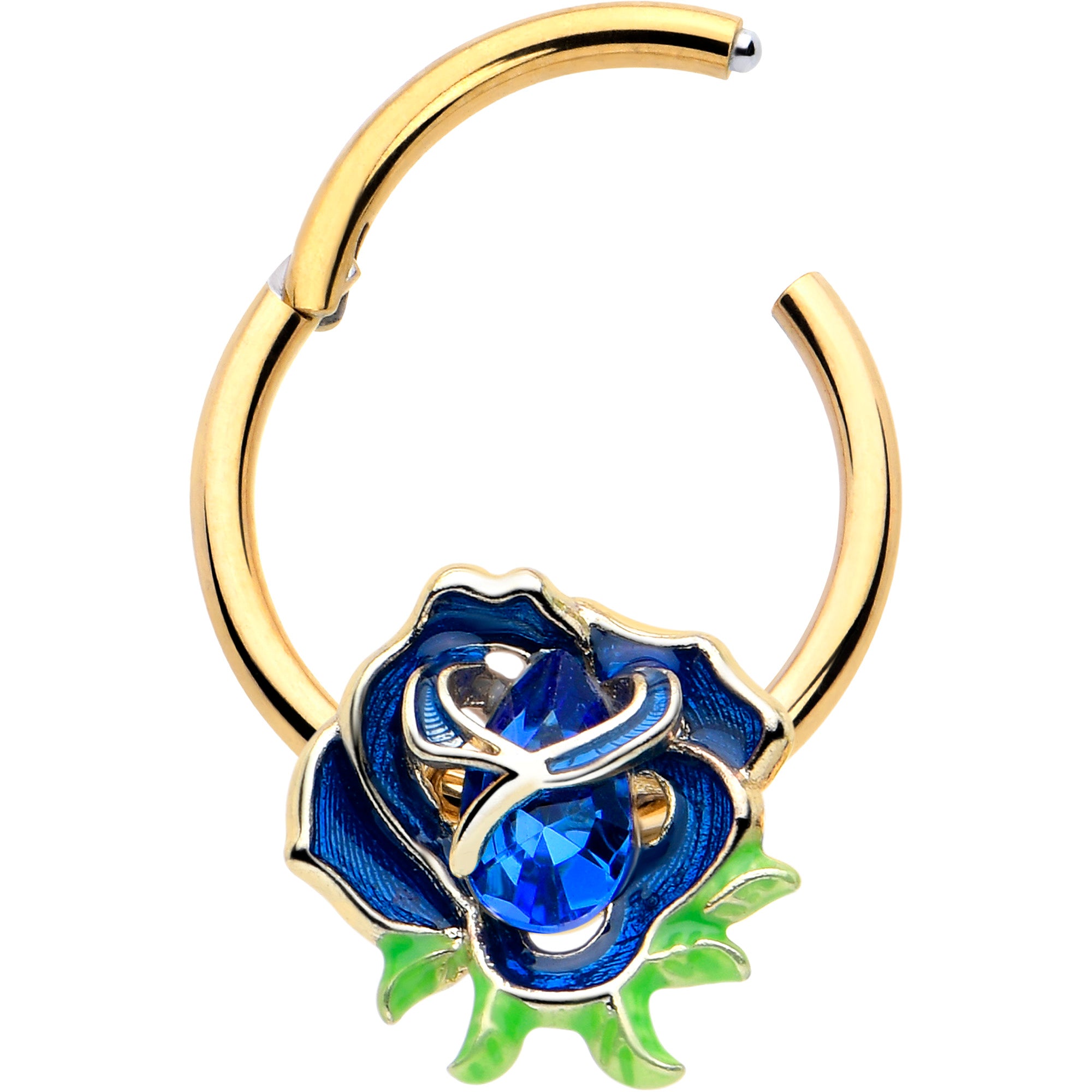 16 Gauge 3/8 Blue Gem Gold Tone Flower Hinged Segment Ring