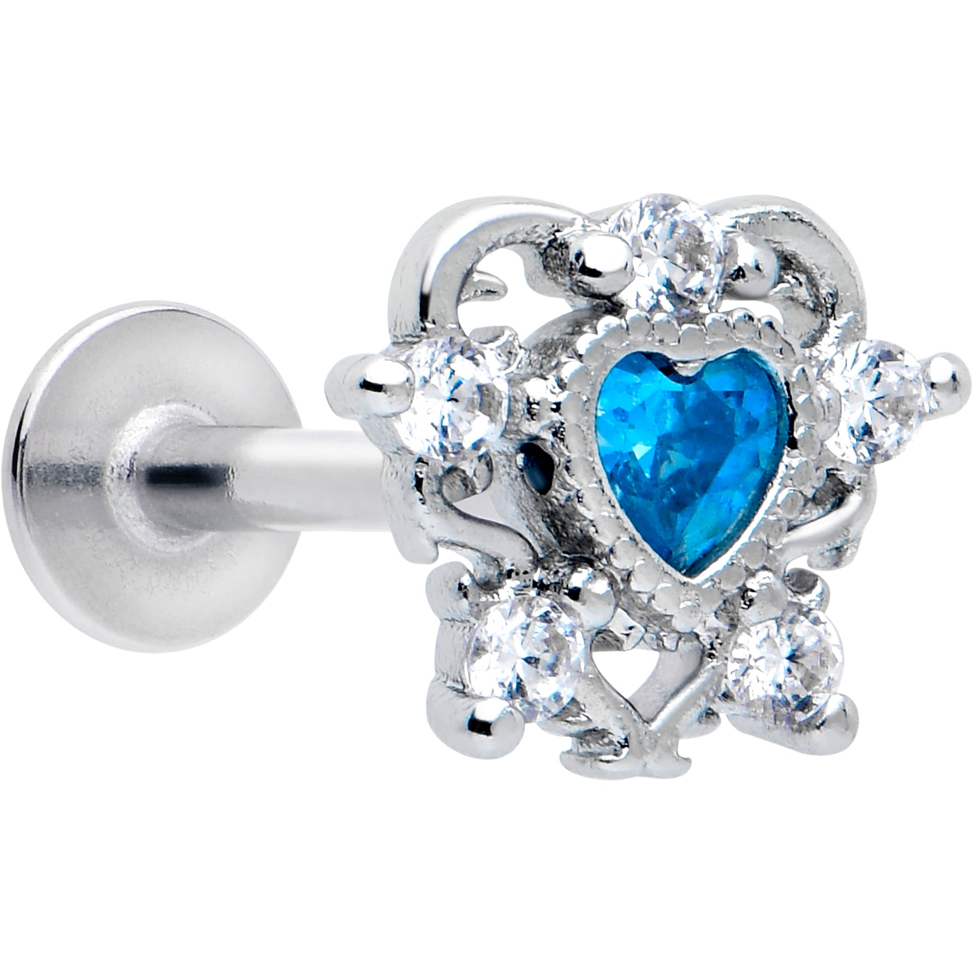 16 Gauge 5/16 Blue Clear CZ Gem Heart Pair Labret Monroe Tragus