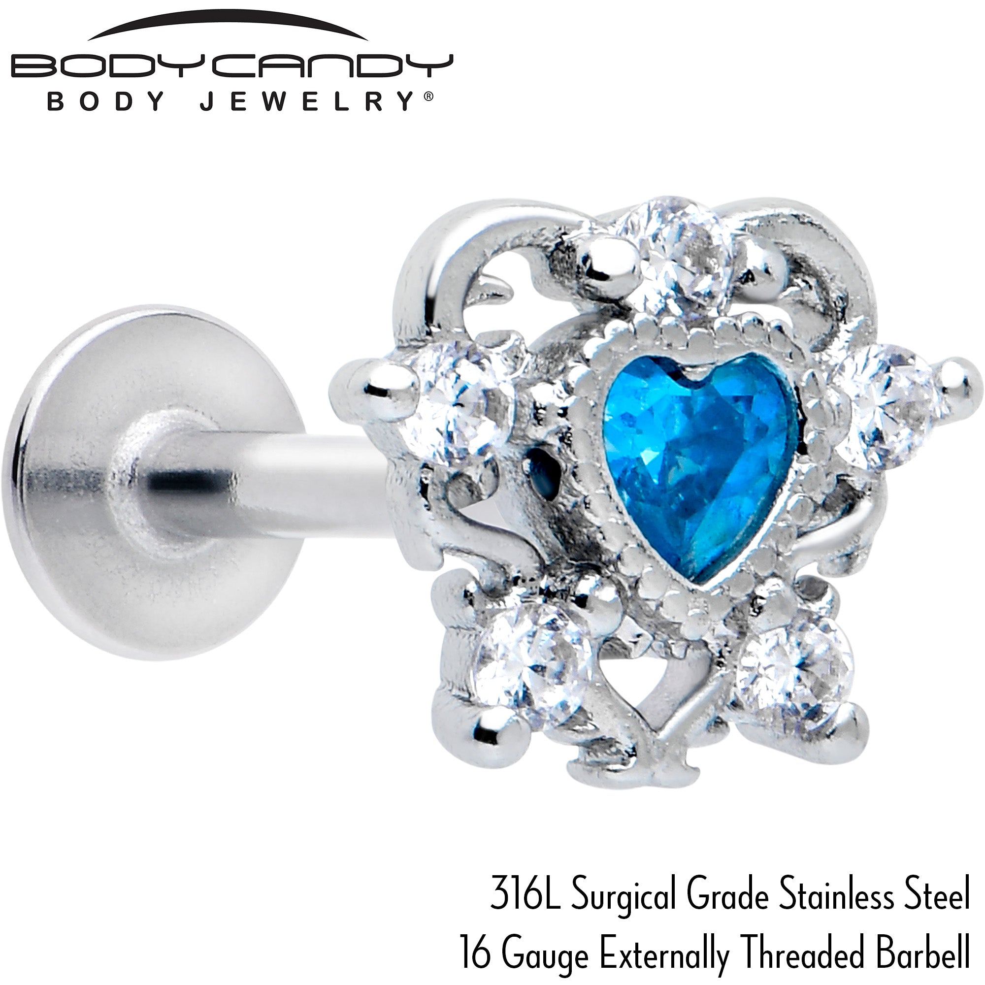 16 Gauge 5/16 Blue CZ Heart Labret Monroe Tragus Piercing