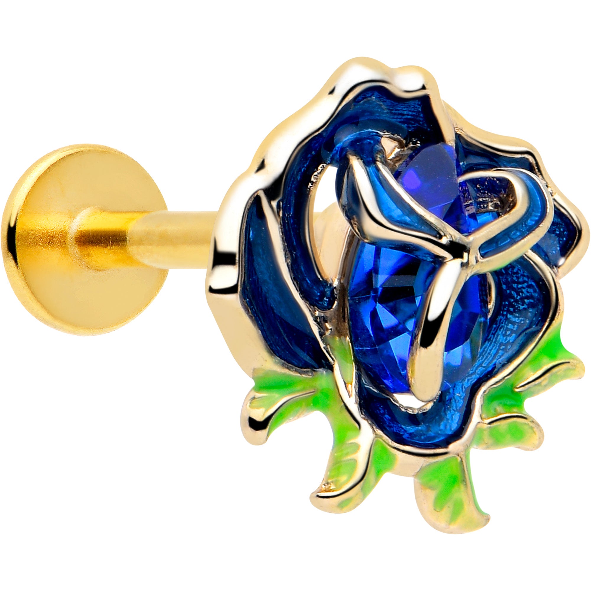 16 Gauge 5/16 Blue Gem Gold Tone Deep Blue Flower Labret Monroe Tragus