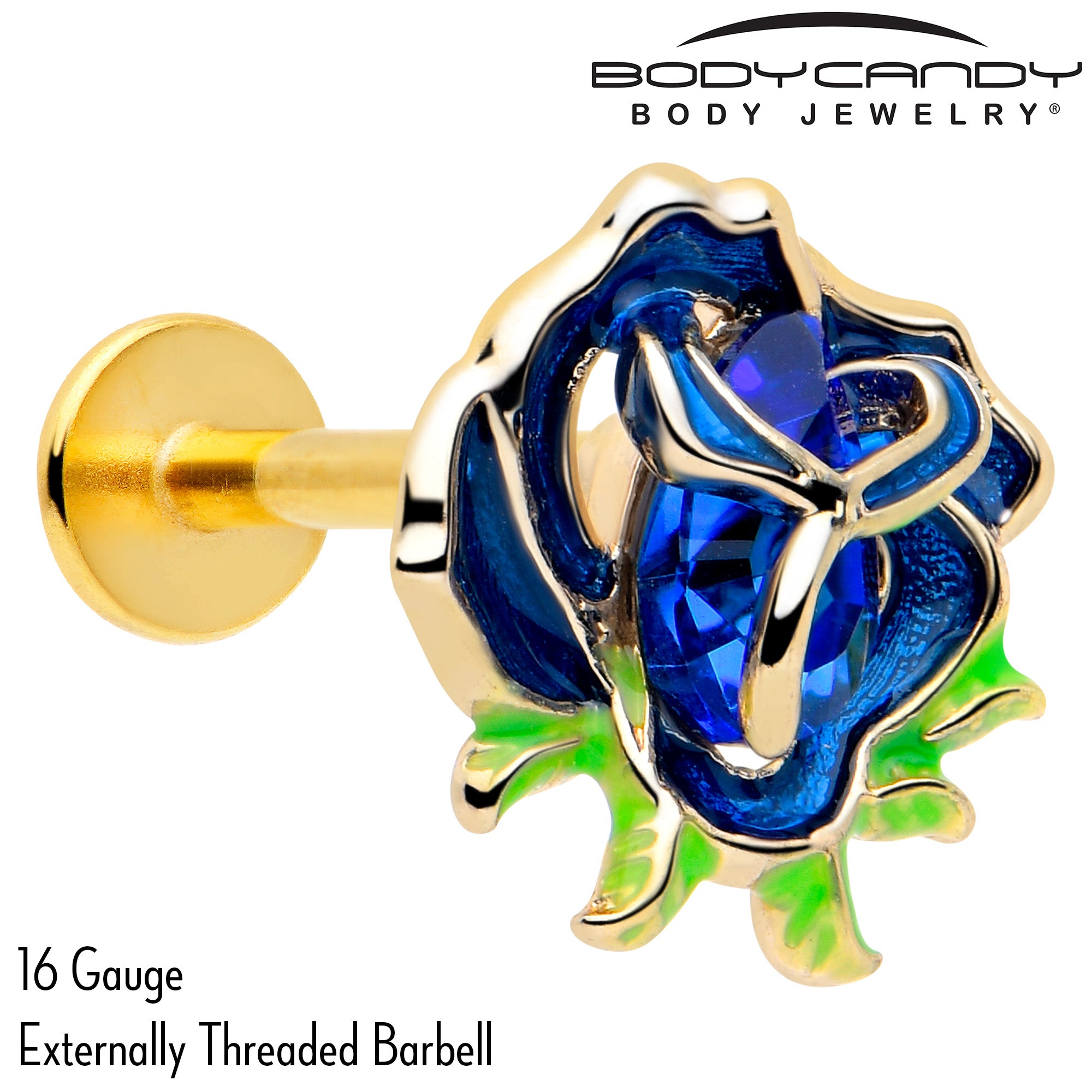 Blue Gem Gold Tone Deep Blue Flower Labret Monroe Tragus 16 Gauge 5/16