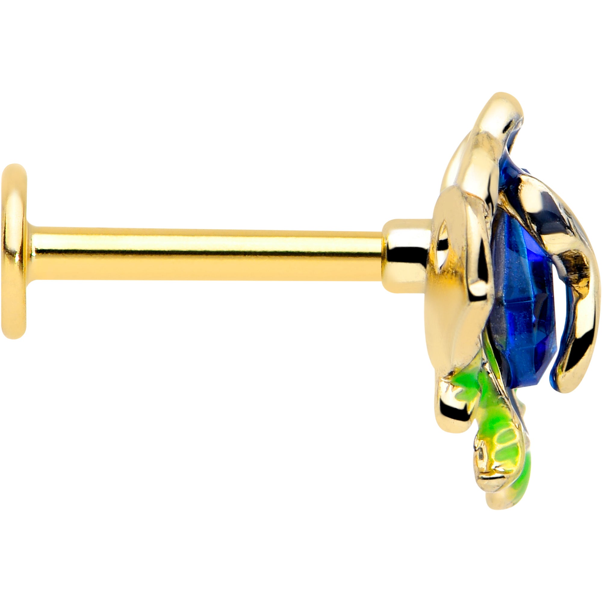 5/16 Blue Gem Labret Monroe Tragus with Deep Blue Flower Gold Tone 16 Gauge