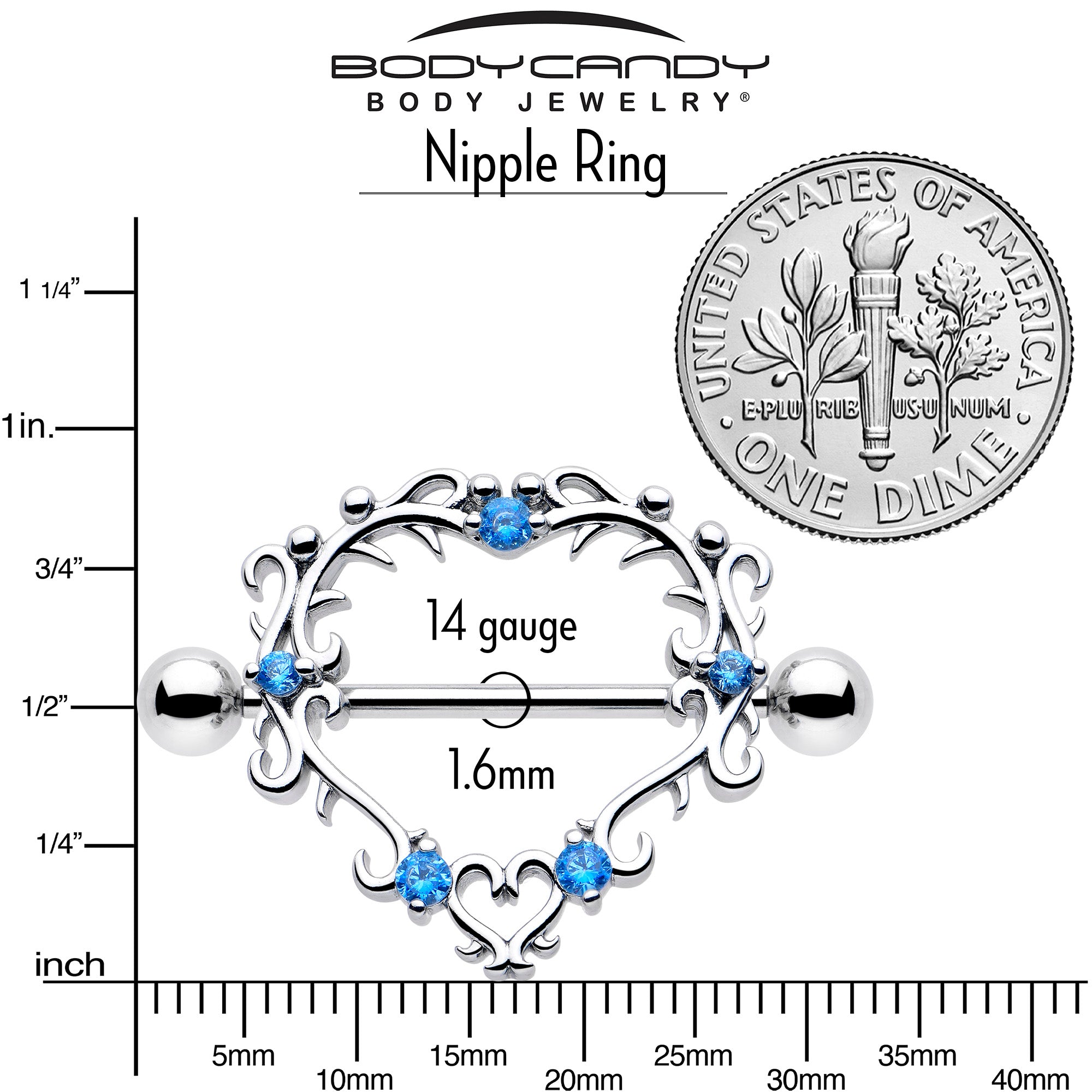 Blue CZ Gem Leafy Heart Nipple Shield Set 14 Gauge