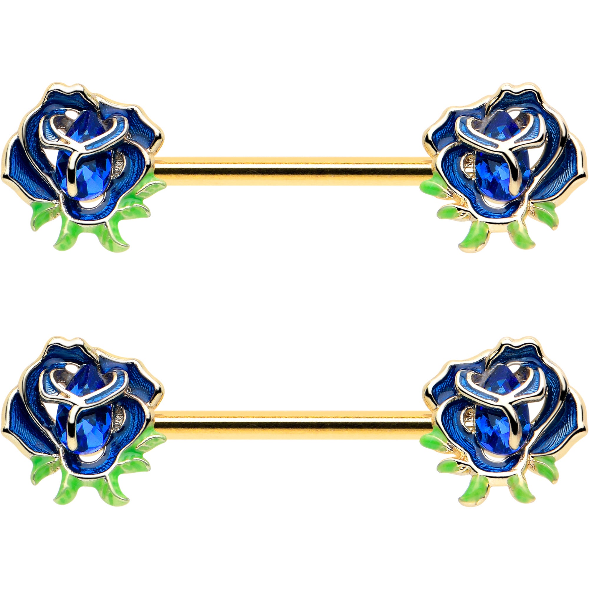 14 Gauge 9/16 Gold Hue Deep Blue Flower Barbell Nipple Ring with Blue Gem