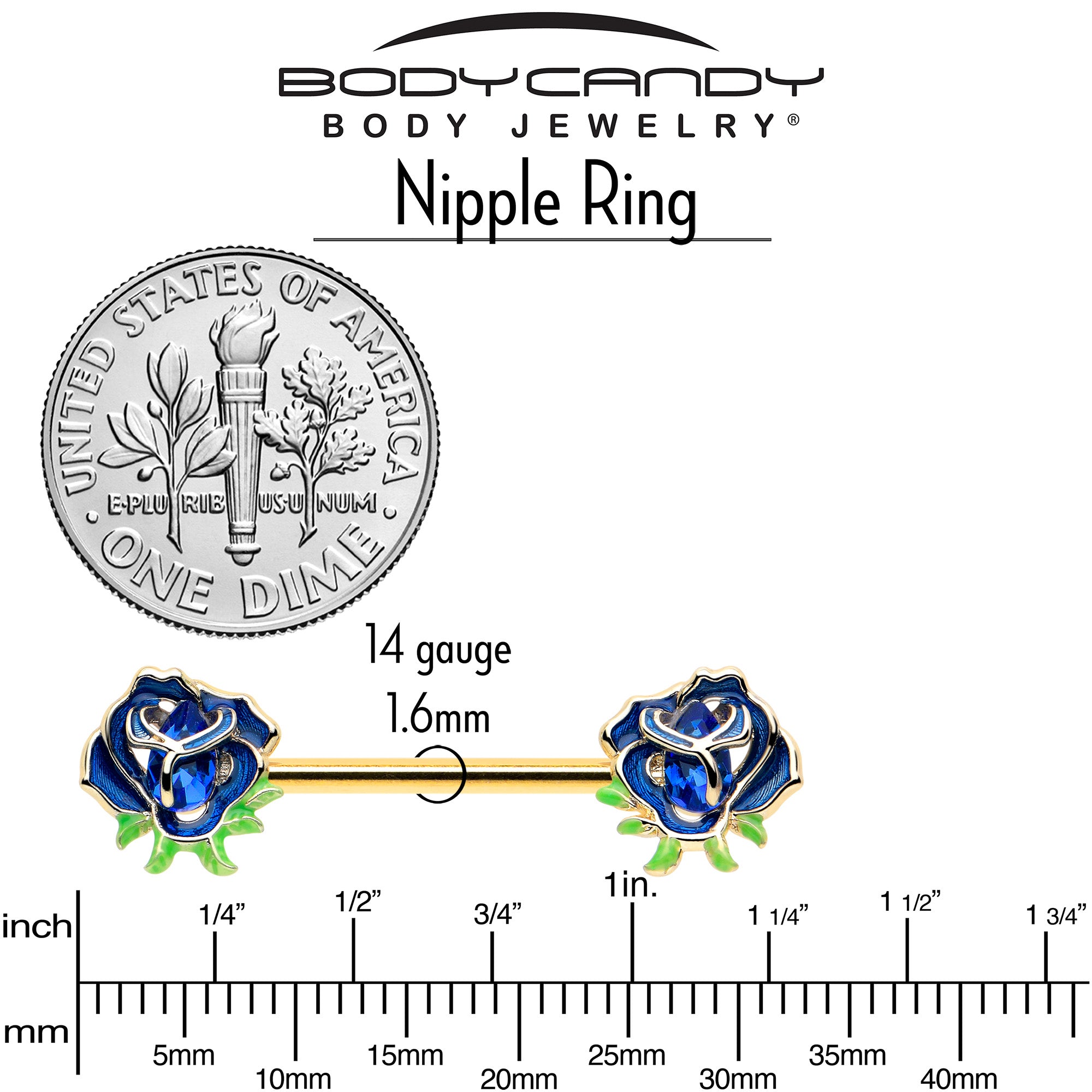 14 Gauge 9/16 Blue Gem Gold Hue Flower Barbell Nipple Ring Deep Blue