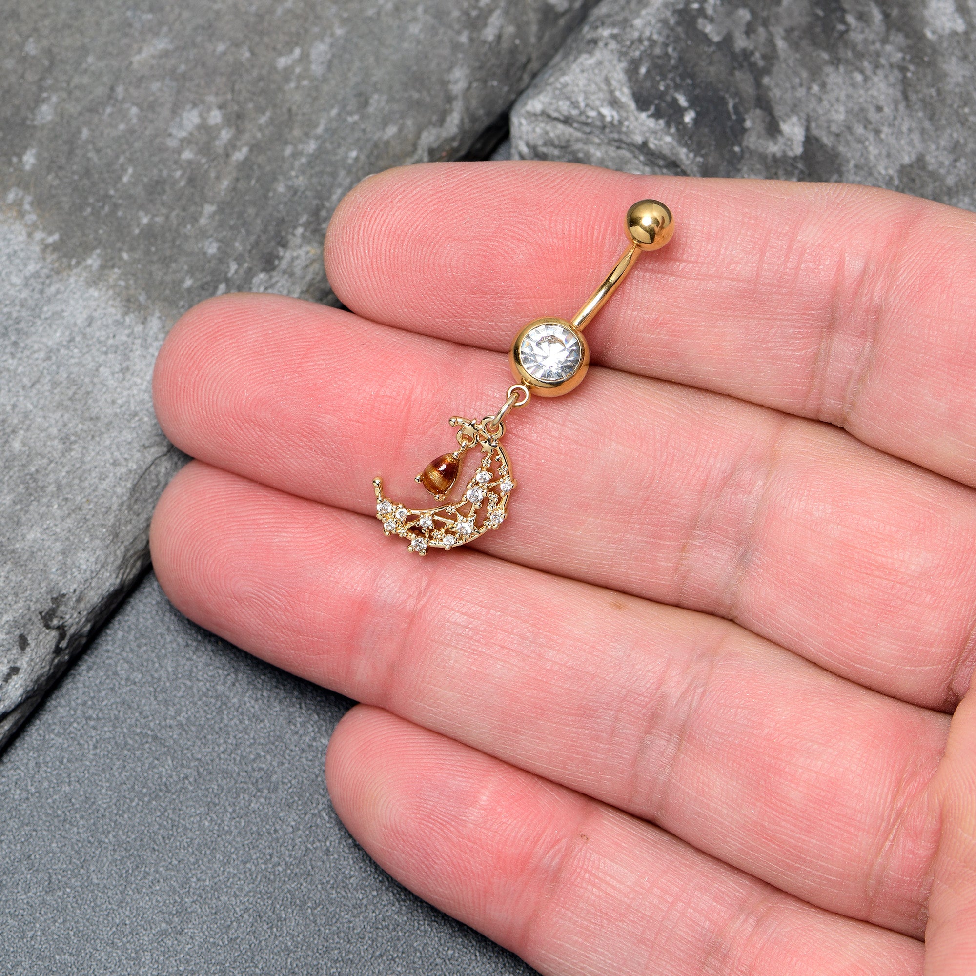 Clear Brown Gem Gold Tone Constellation Moon Dangle Belly Ring