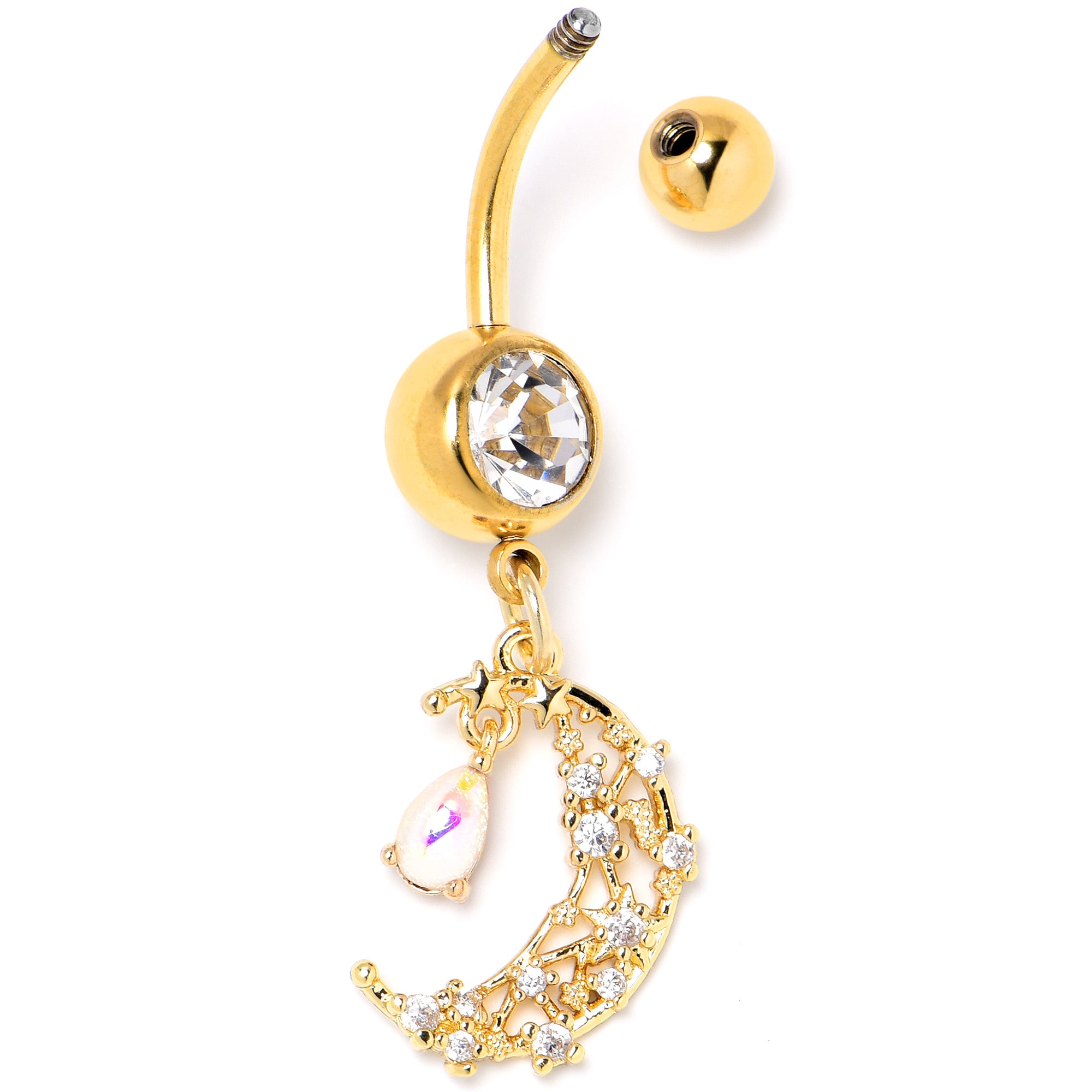 Clear White Gem Gold Tone Constellation Moon Dangle Belly Ring