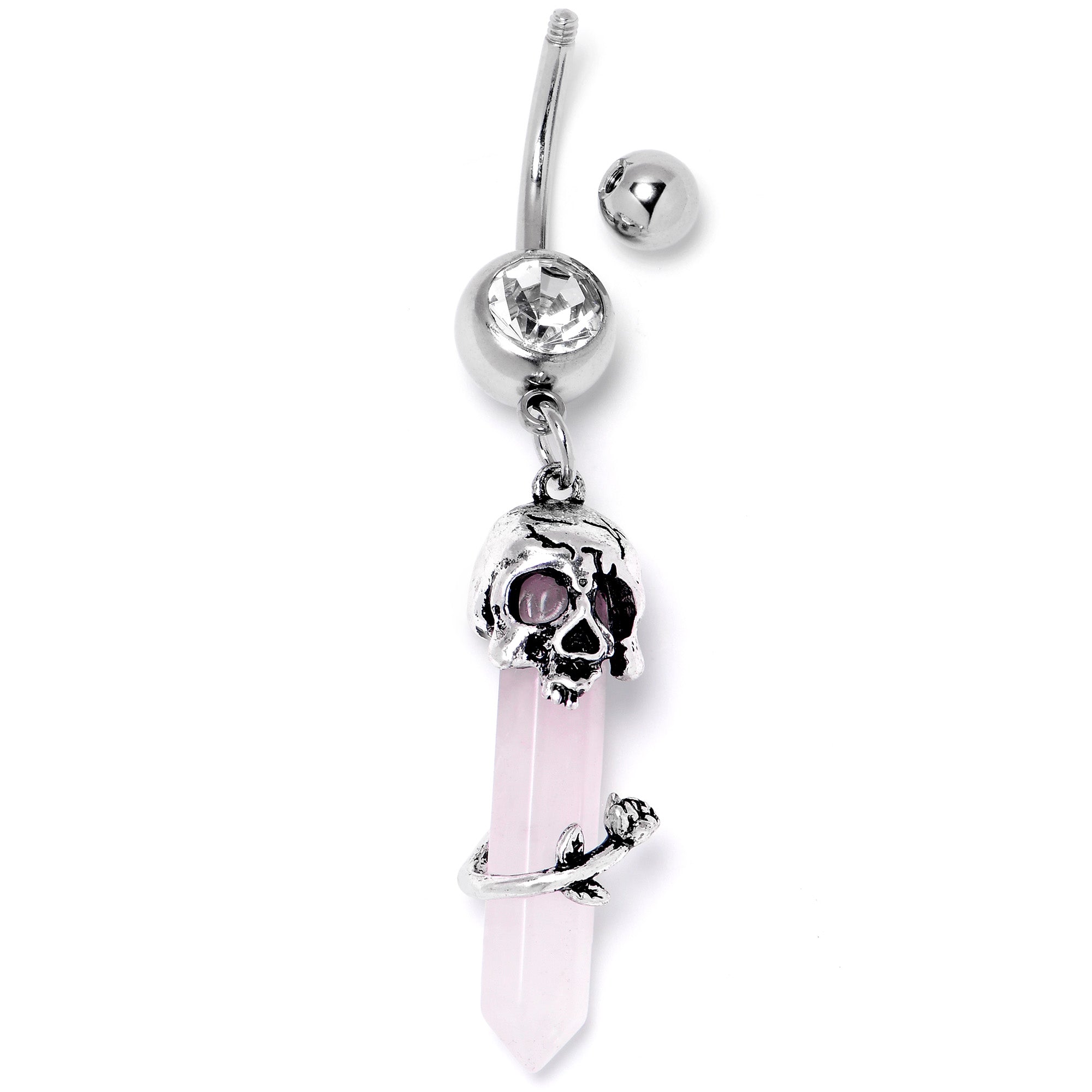 Pink Rose Quartz Skull Obelisk Rose Dangle Belly Ring