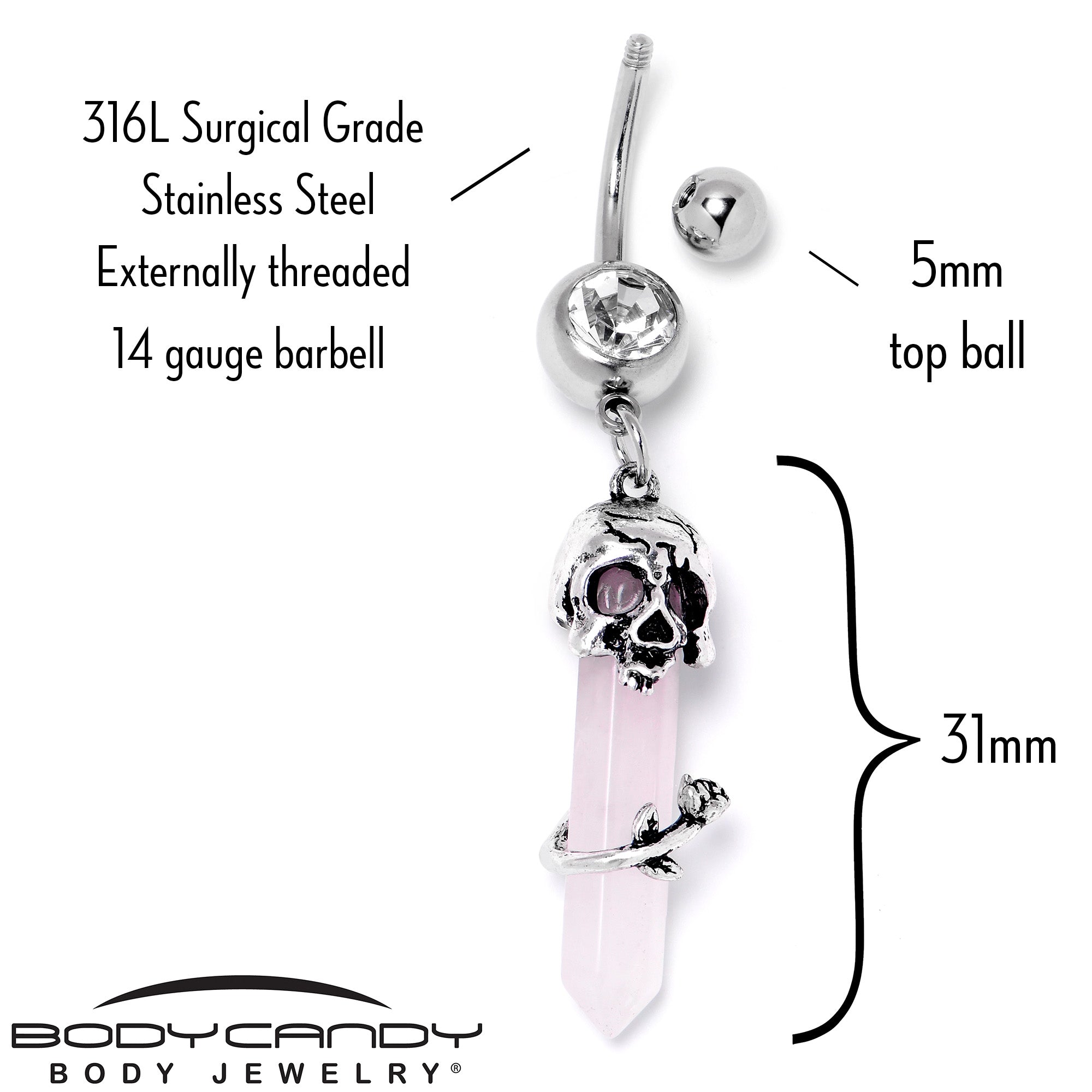 Pink Rose Quartz Skull Obelisk Rose Dangle Belly Ring