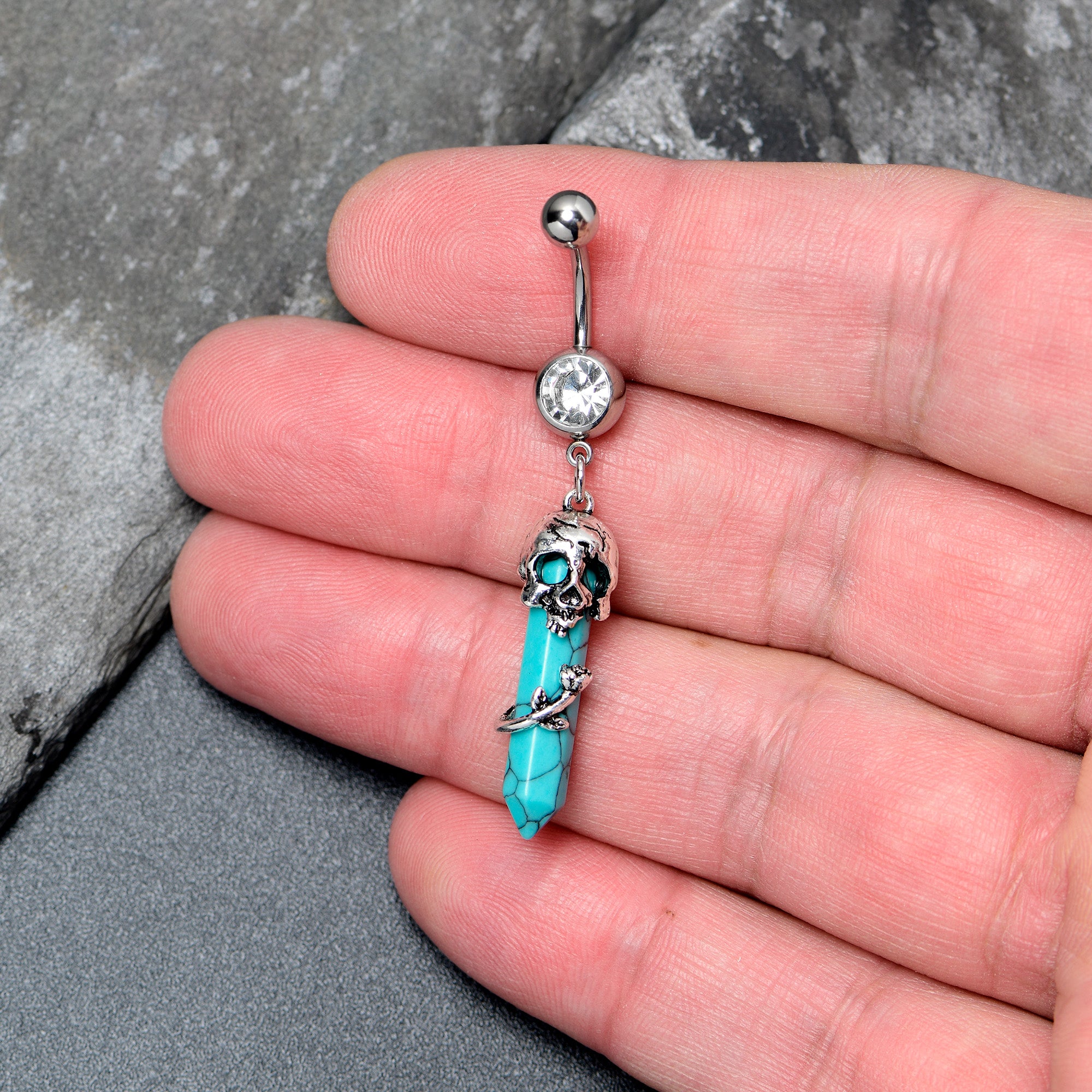 Blue Turquoise Skull Obelisk Rose Dangle Belly Ring