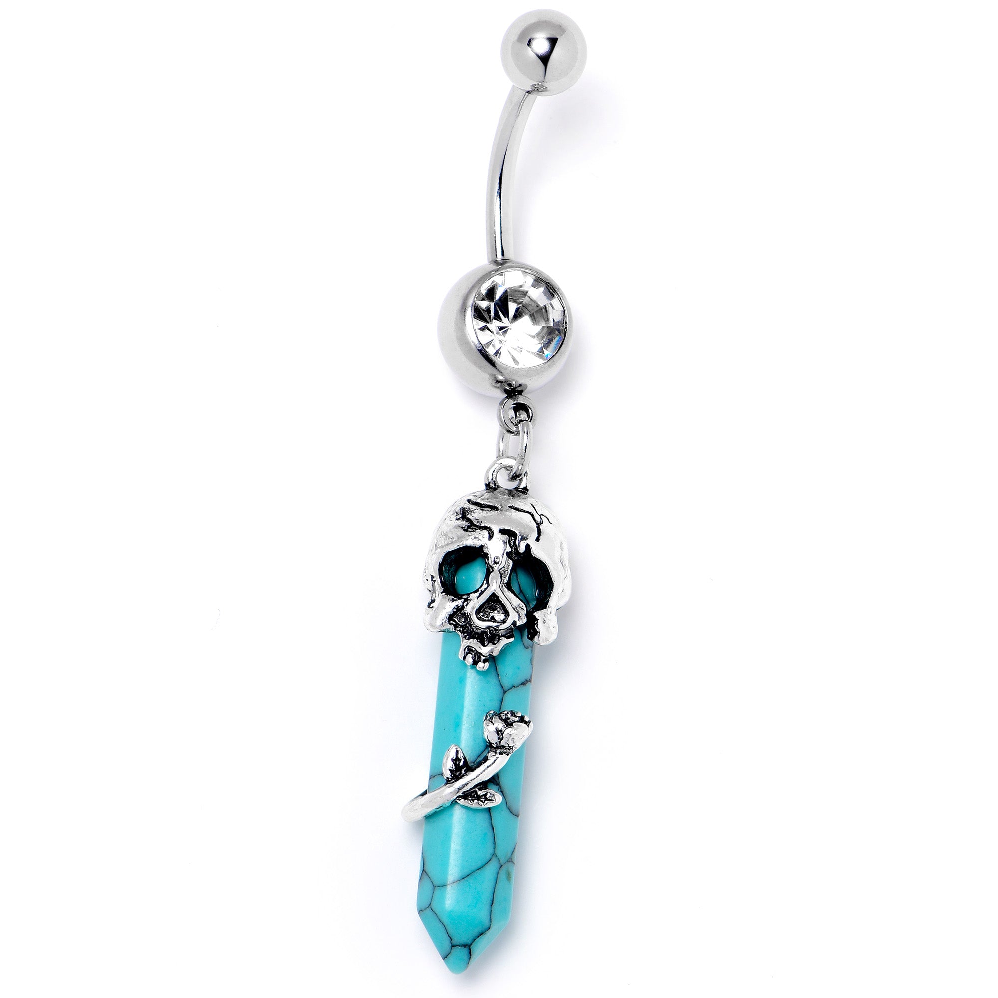 Blue Turquoise Skull Obelisk Rose Dangle Belly Ring