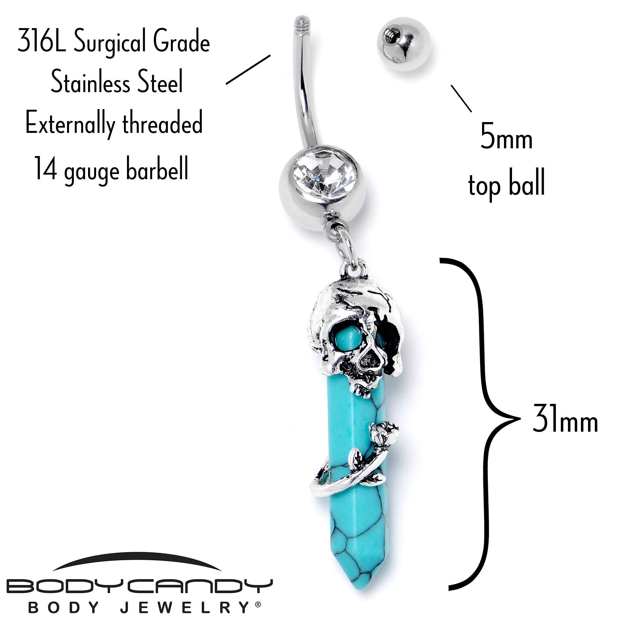 Blue Turquoise Skull Obelisk Rose Dangle Belly Ring