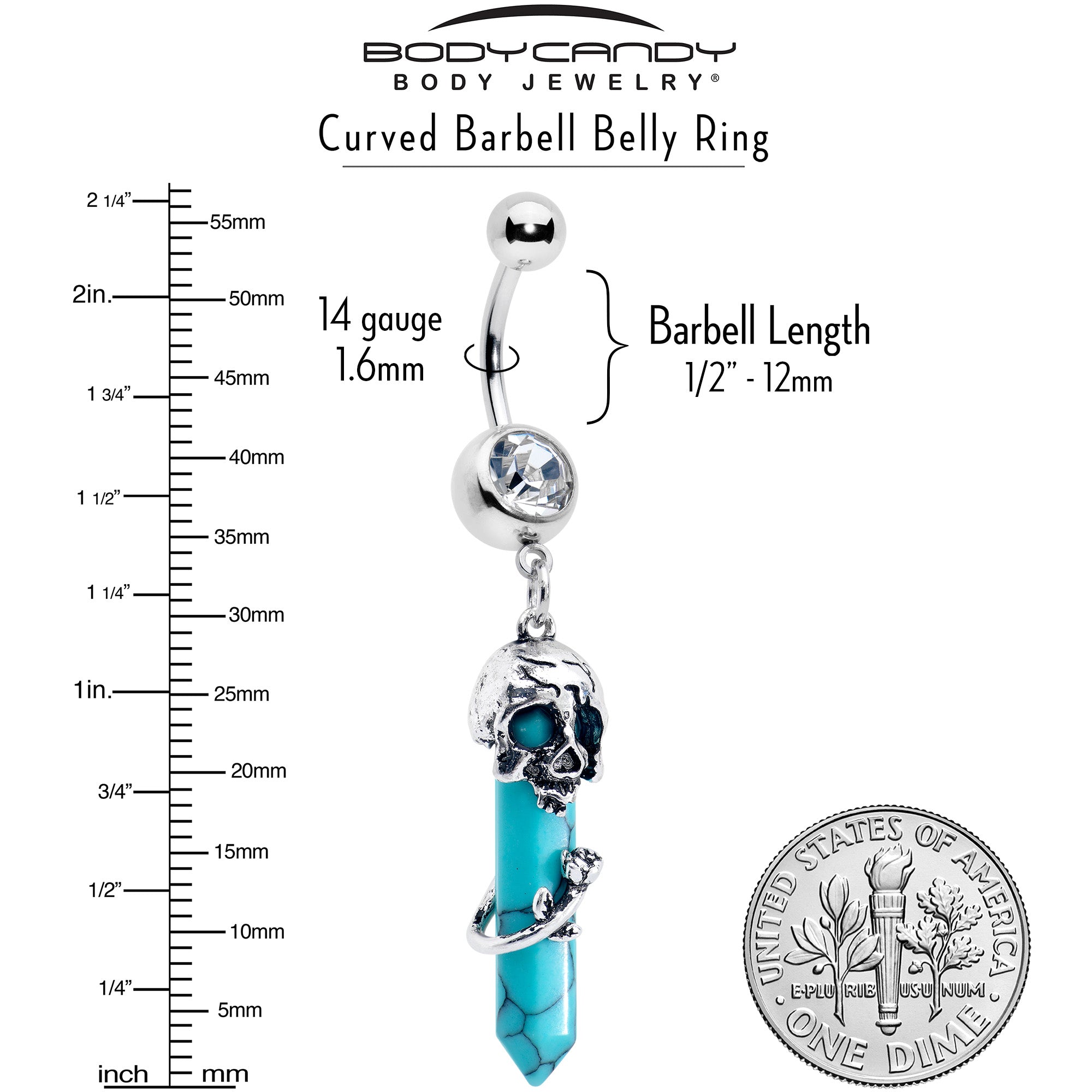 Blue Turquoise Skull Obelisk Rose Dangle Belly Ring