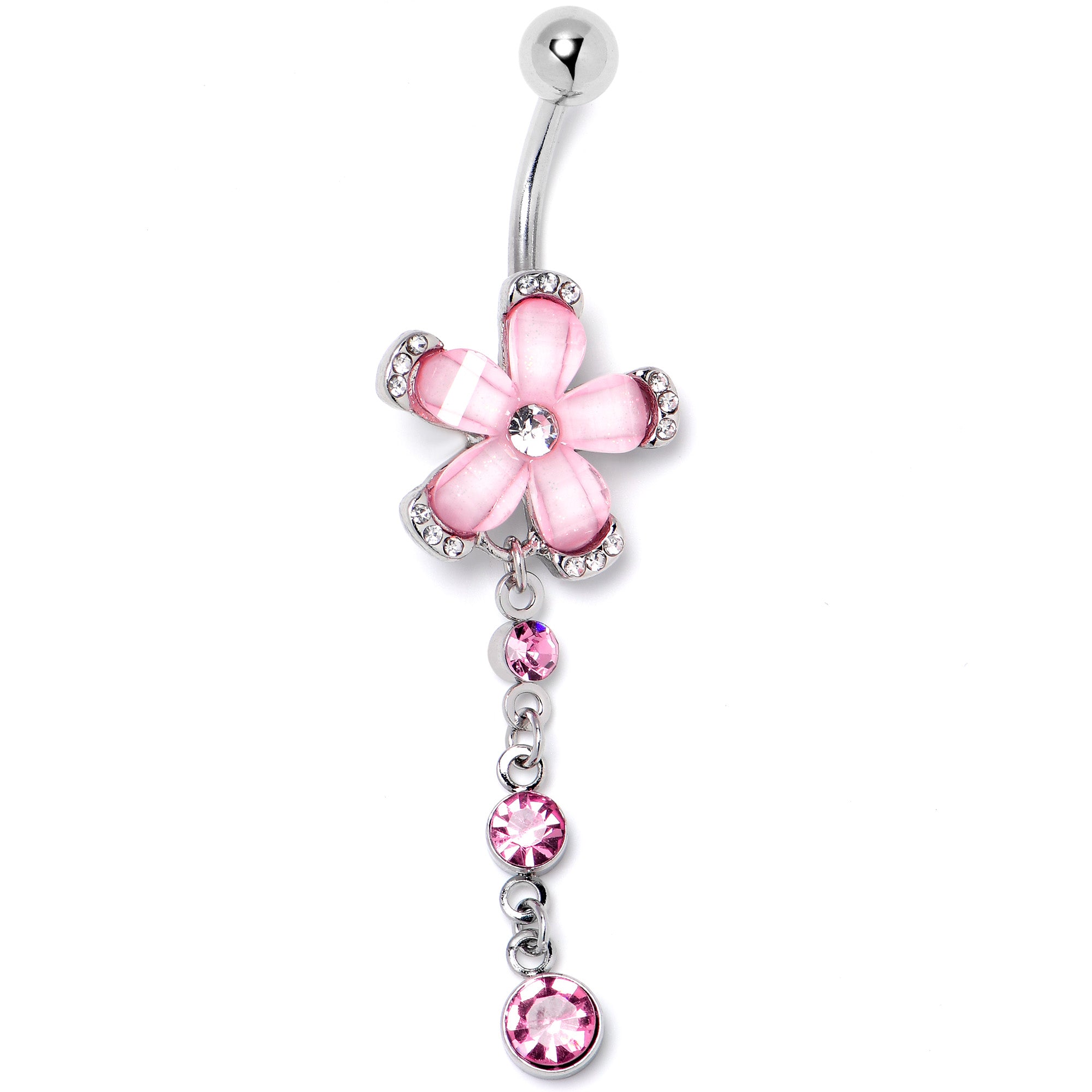 Pink Clear Gem Retro Flower Glamour Dangle Belly Ring