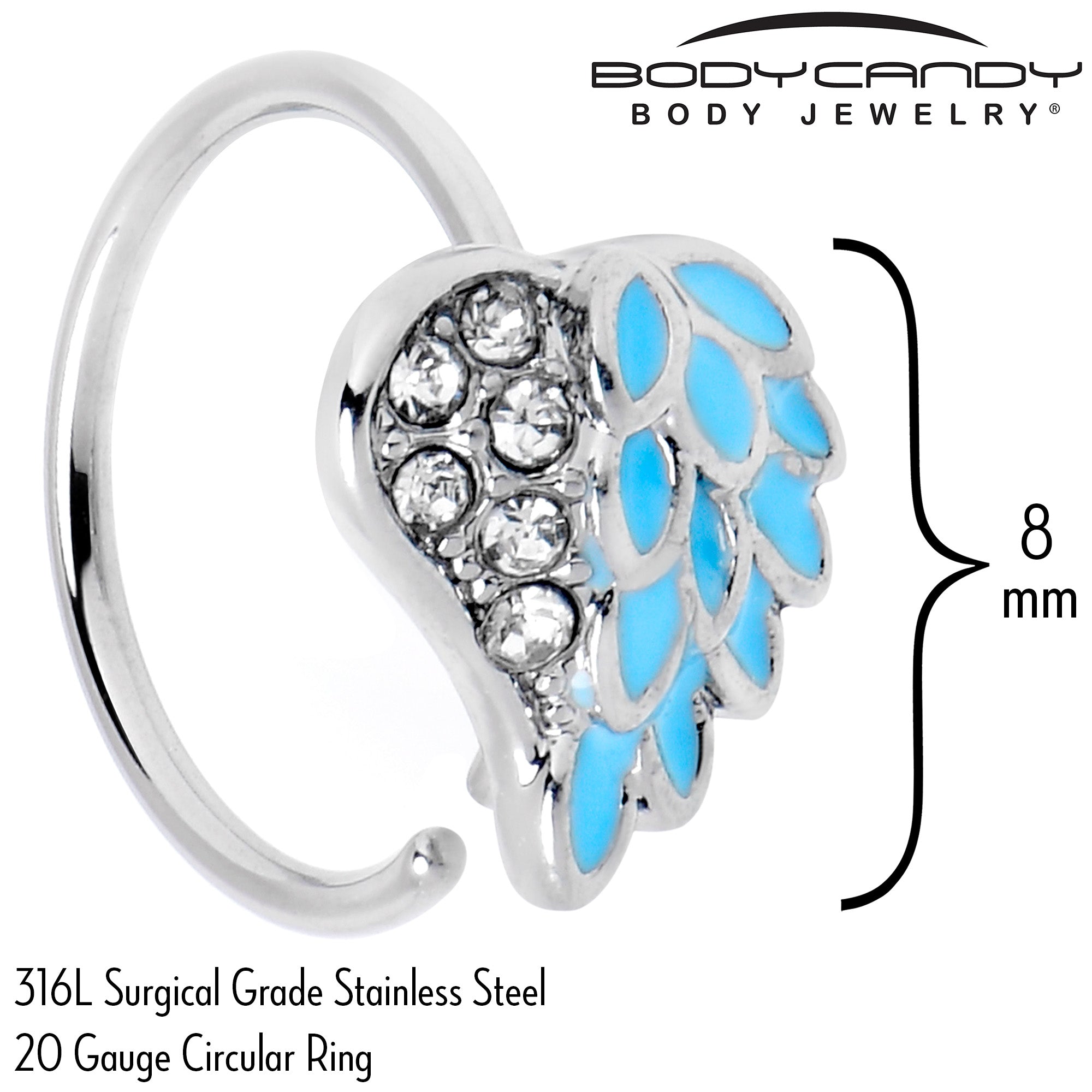 20 Gauge 5/16 Clear Gem Heavenly Heart Angel Wing Blue Nose Hoop