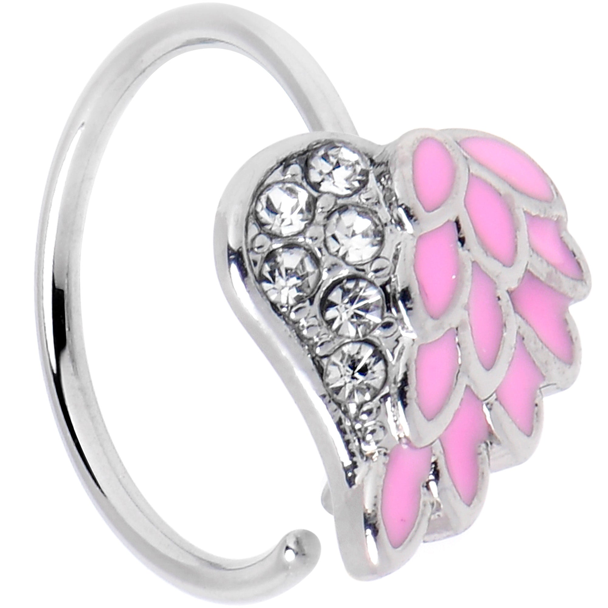 20 Gauge 5/16 Clear Gem Heavenly Heart Angel Wing Pink Nose Hoop