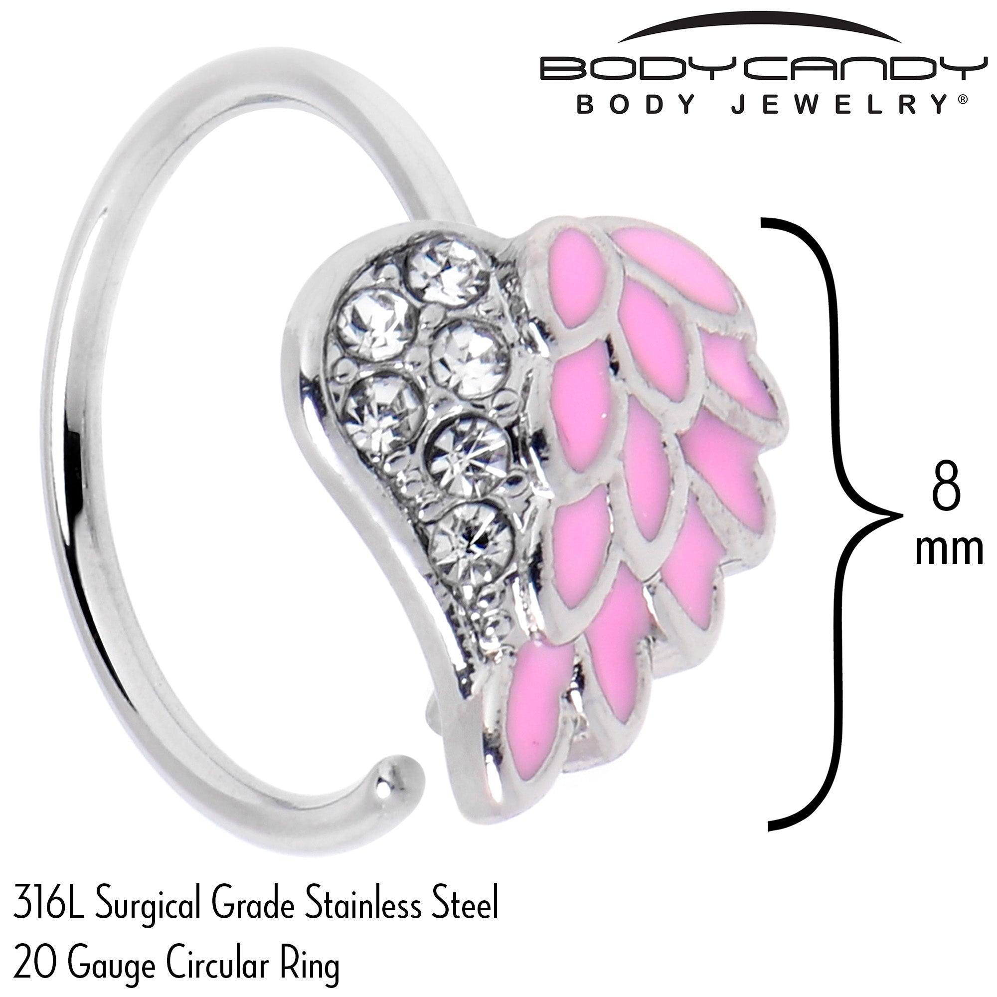 20 Gauge 5/16 Clear Gem Heavenly Heart Angel Wing Pink Nose Hoop