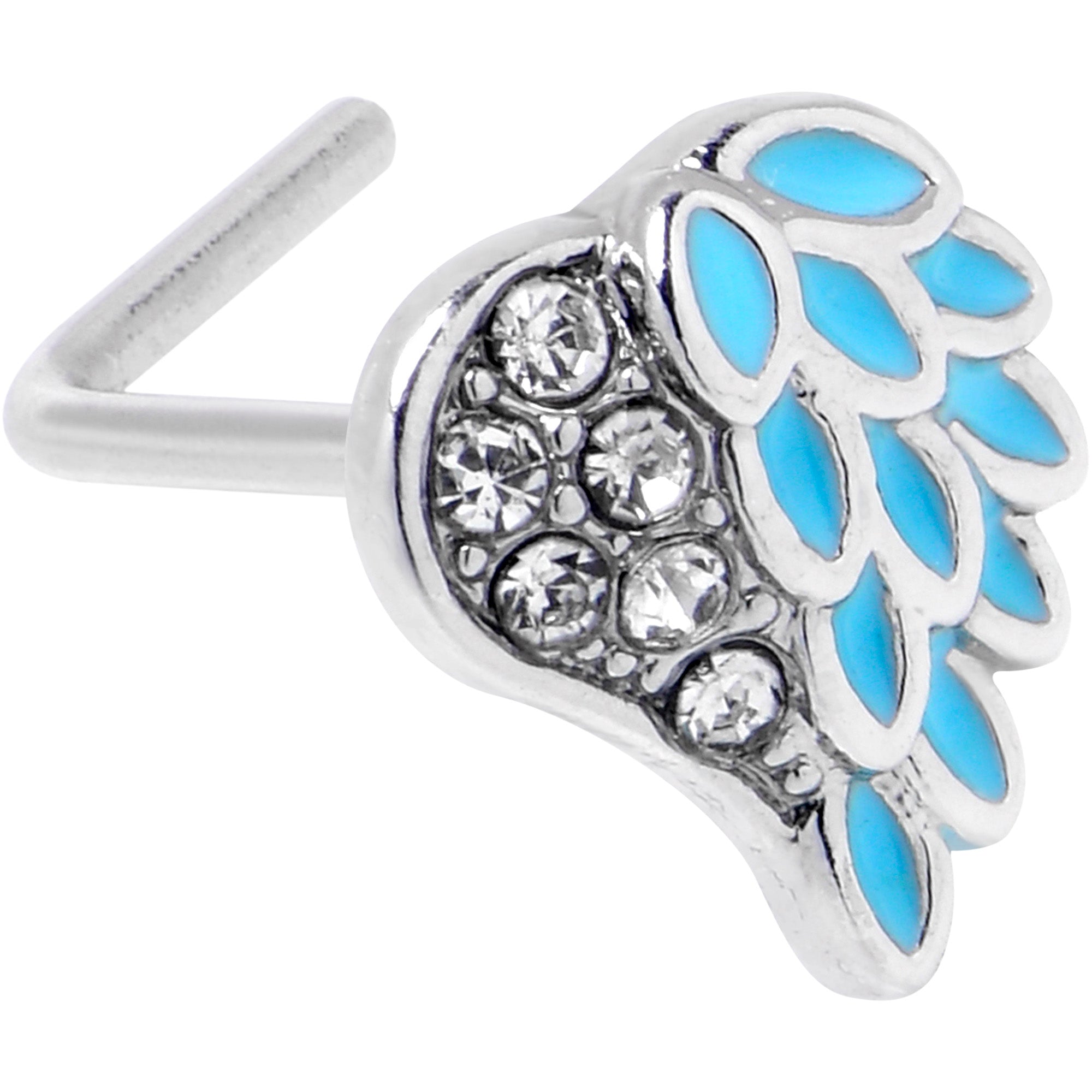 20 Gauge 7mm Clear Gem Heavenly Heart Angel Wing Blue L Shape Nose Ring