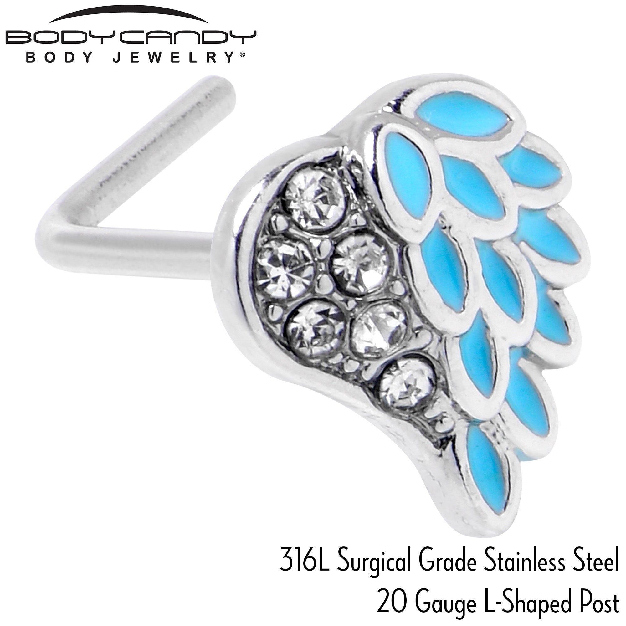 20 Gauge 7mm Clear Gem Heavenly Heart Angel Wing Blue L Shape Nose Ring