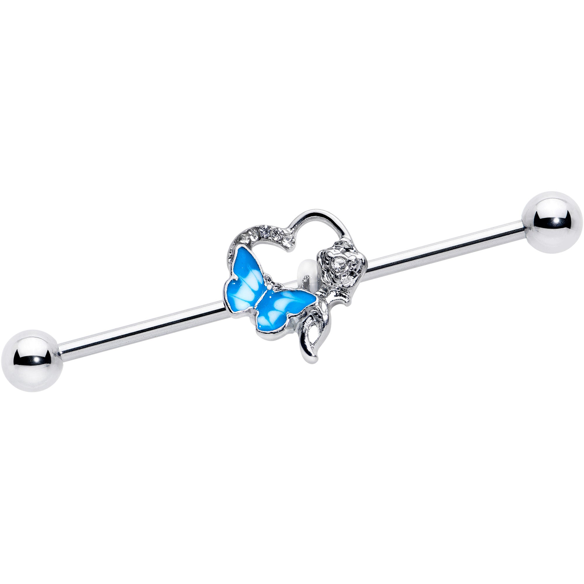 14 Gauge Clear Gem Butterfly Flower Blue Industrial Barbell 38mm