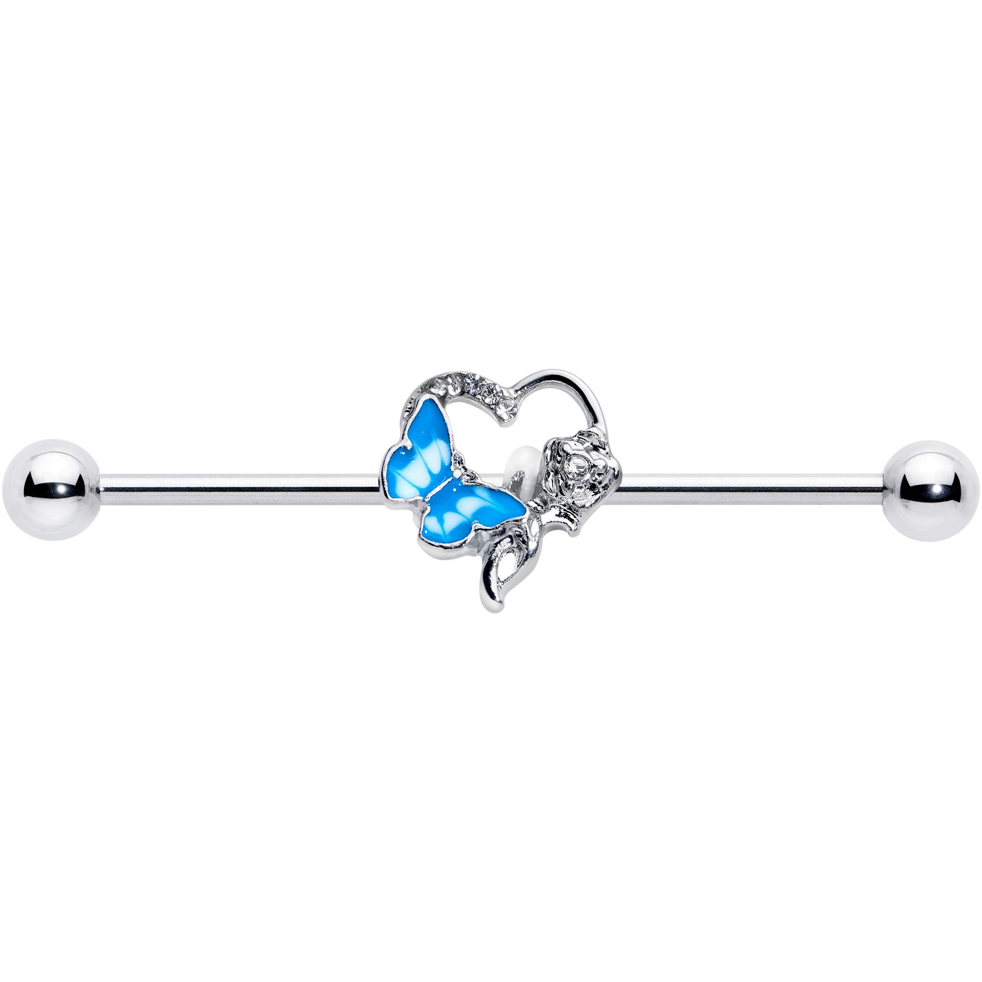 14 Gauge Clear Gem Butterfly Flower Blue Industrial Barbell 38mm