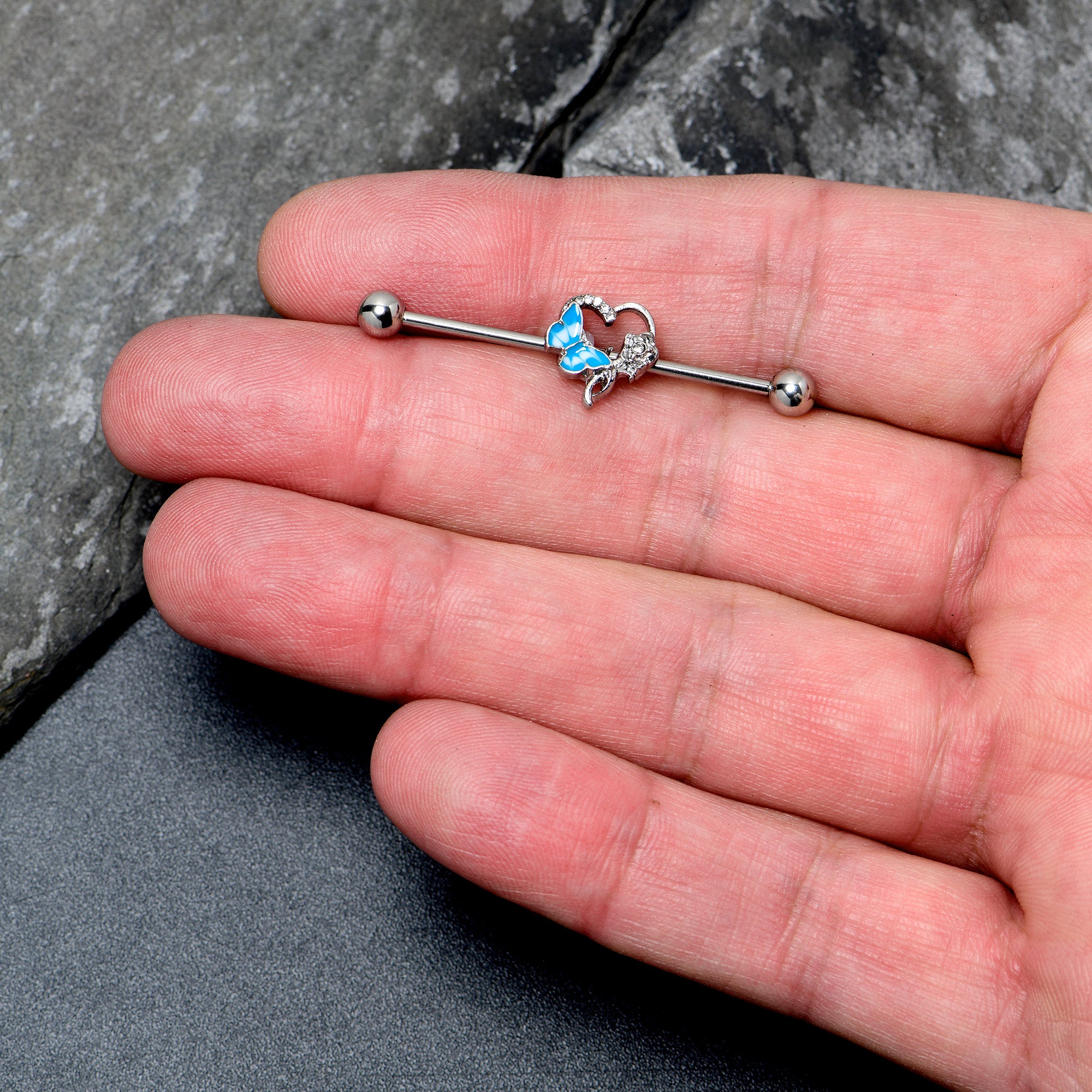 14 Gauge Clear Gem Butterfly Flower Blue Industrial Barbell 38mm