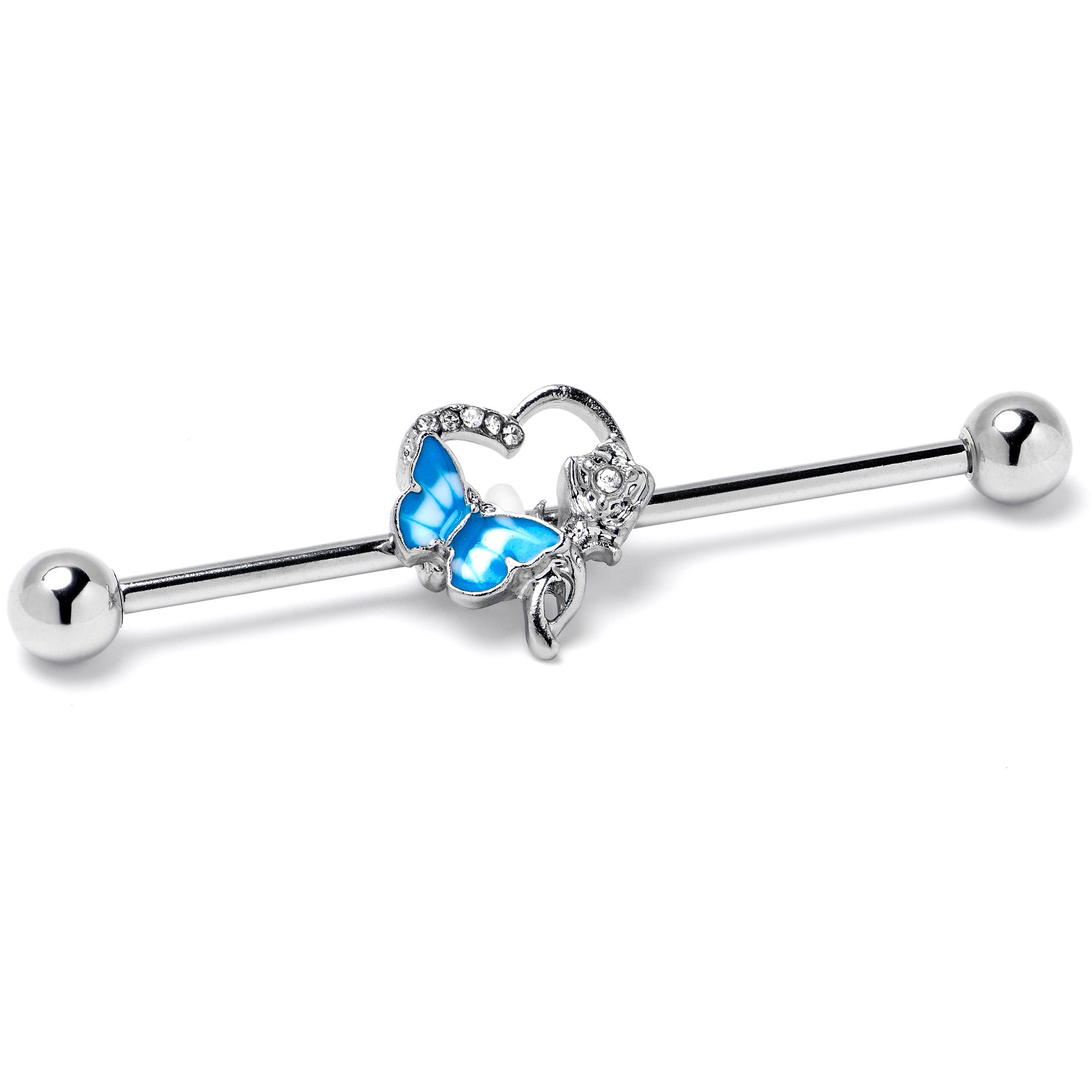 14 Gauge Clear Gem Butterfly Flower Blue Industrial Barbell 38mm