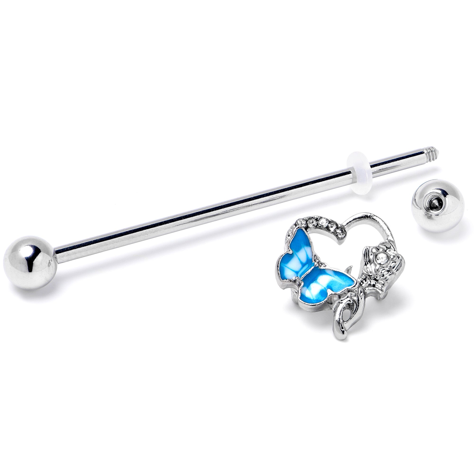 14 Gauge Clear Gem Butterfly Flower Blue Industrial Barbell 38mm