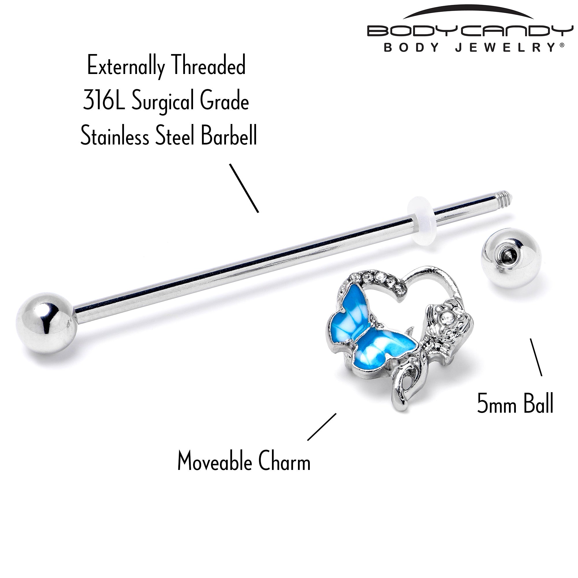 14 Gauge Clear Gem Butterfly Flower Blue Industrial Barbell 38mm