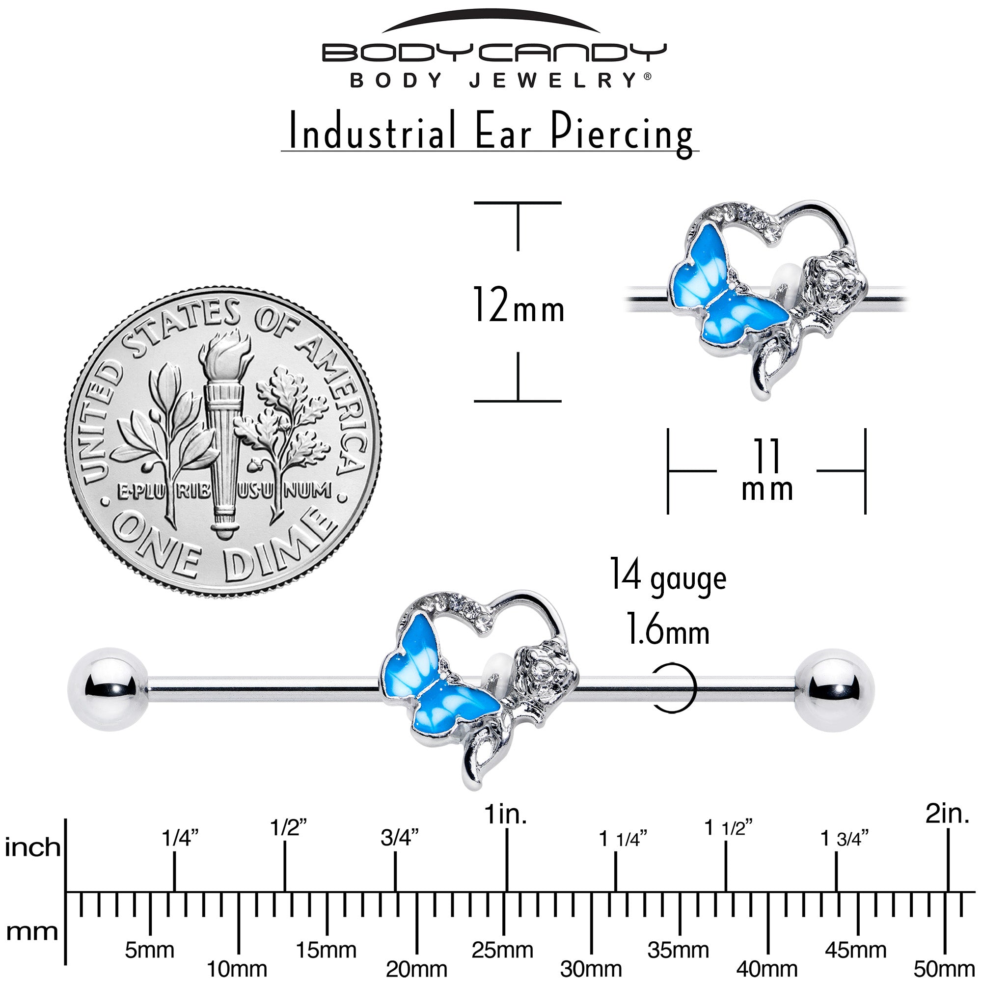 14 Gauge Clear Gem Butterfly Flower Blue Industrial Barbell 38mm