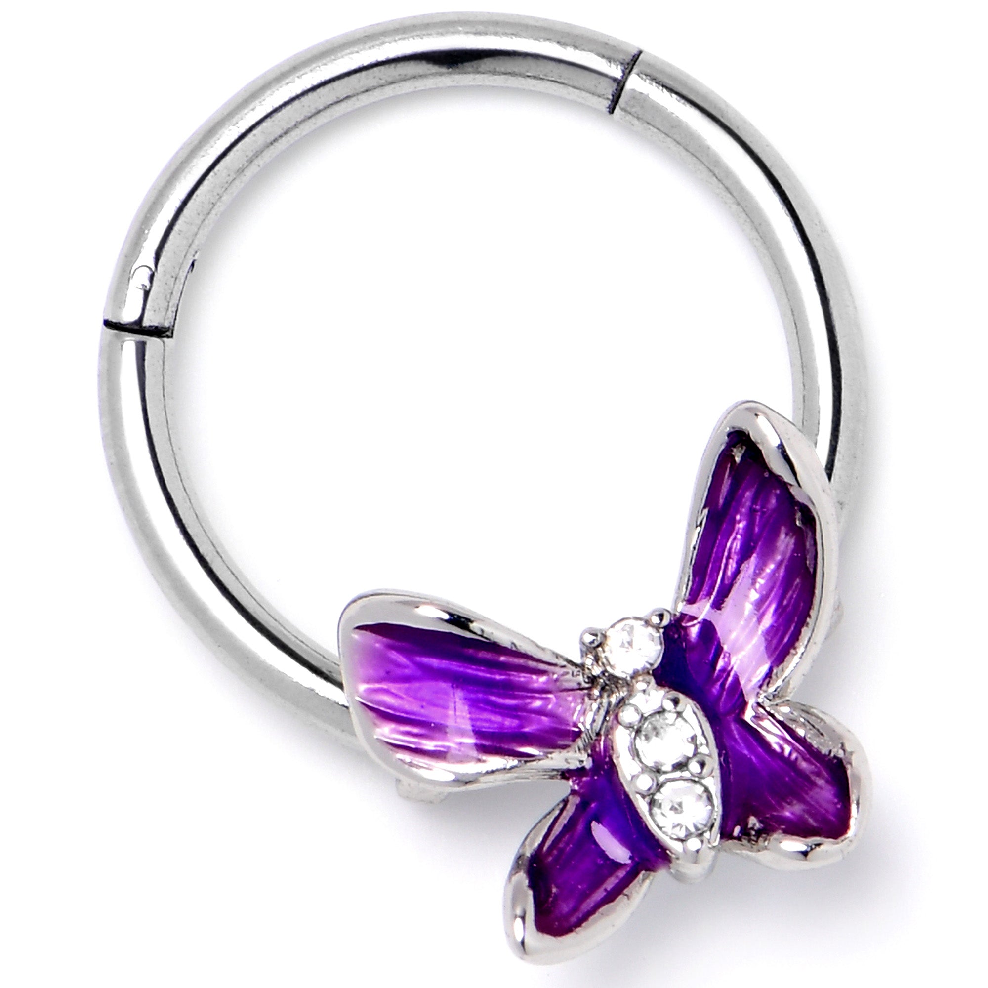 16 Gauge 3/8 Clear Gem Chunky Butterfly Purple Hinged Segment Ring