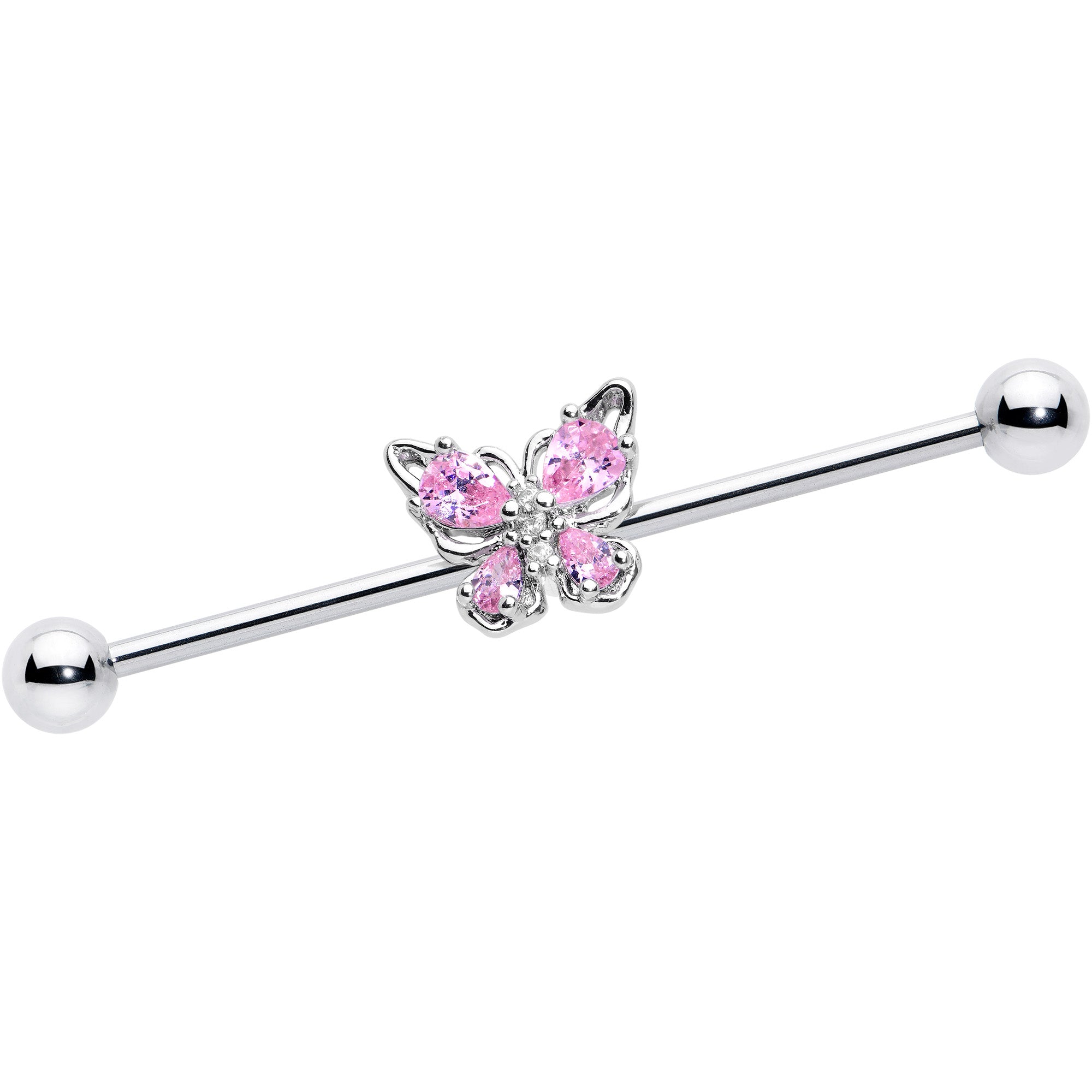 14 Gauge Pink Gem Baroque Beauty Butterfly Industrial Barbell 38mm