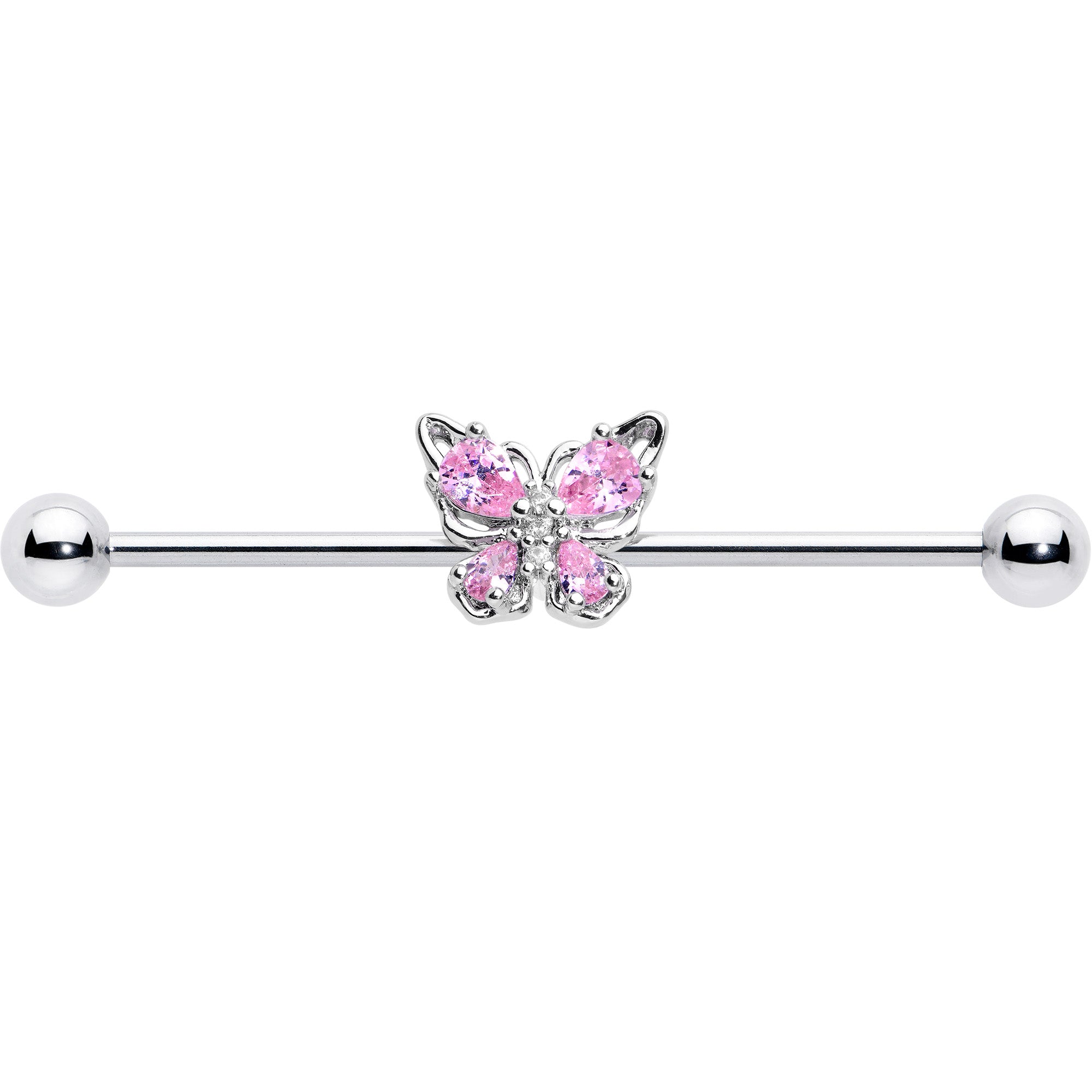 14 Gauge Pink Gem Baroque Beauty Butterfly Industrial Barbell 38mm